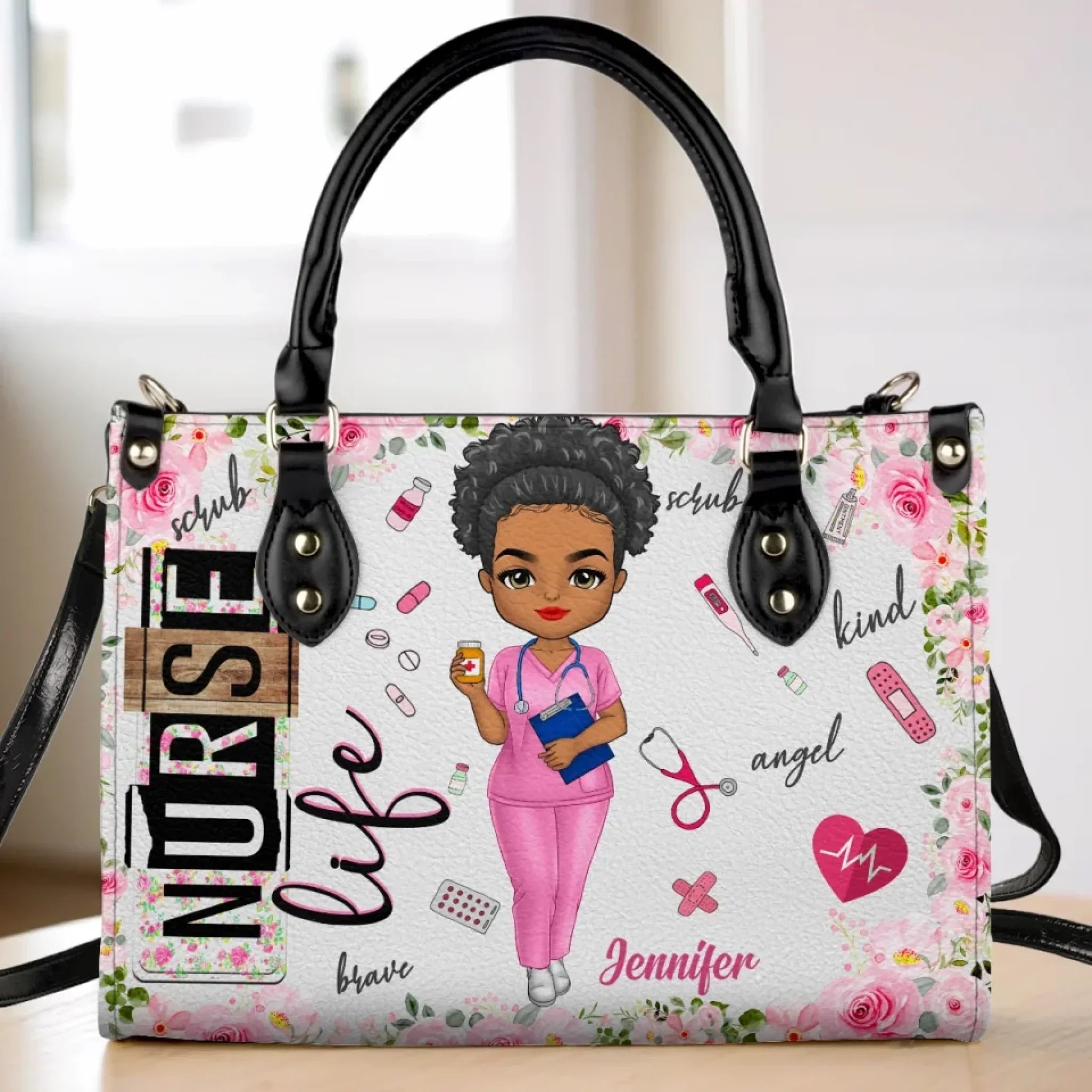 Sweet As Roses, Strong As Steel - Nurse Personalized Custom Leather Handbag - Appreciation, Thank You Gift, Nurse Life, Doctor Life