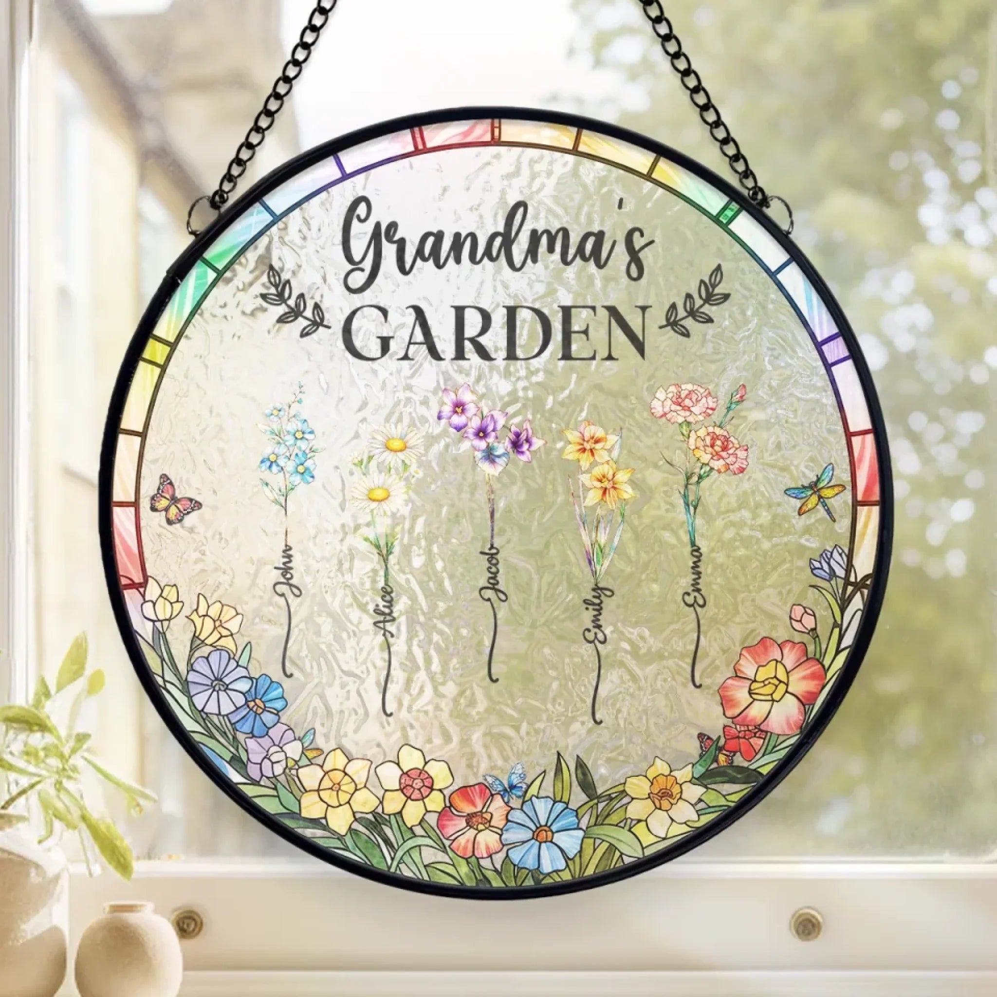 Sunshine, Petals And Grandma’s Love - Family Personalized Custom Stained Glass Window Hanging Suncatcher - Mother's Day, Gift For Mom, Grandma