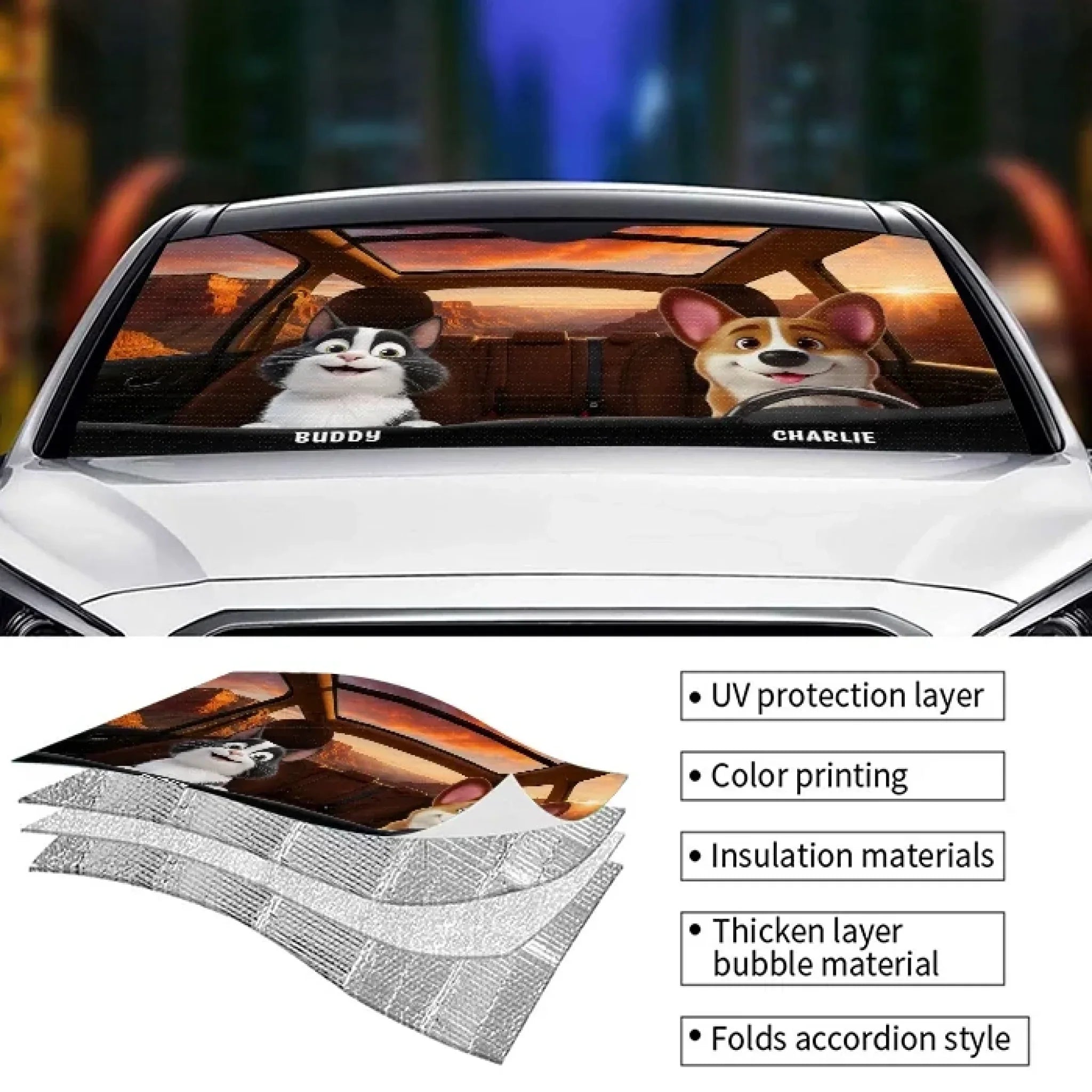 Paws On The Wheel, Tails On The Move - Dog & Cat Personalized Custom Auto Windshield Sunshade, Car Window Protector - Gift For Pet Owners, Pet Lovers