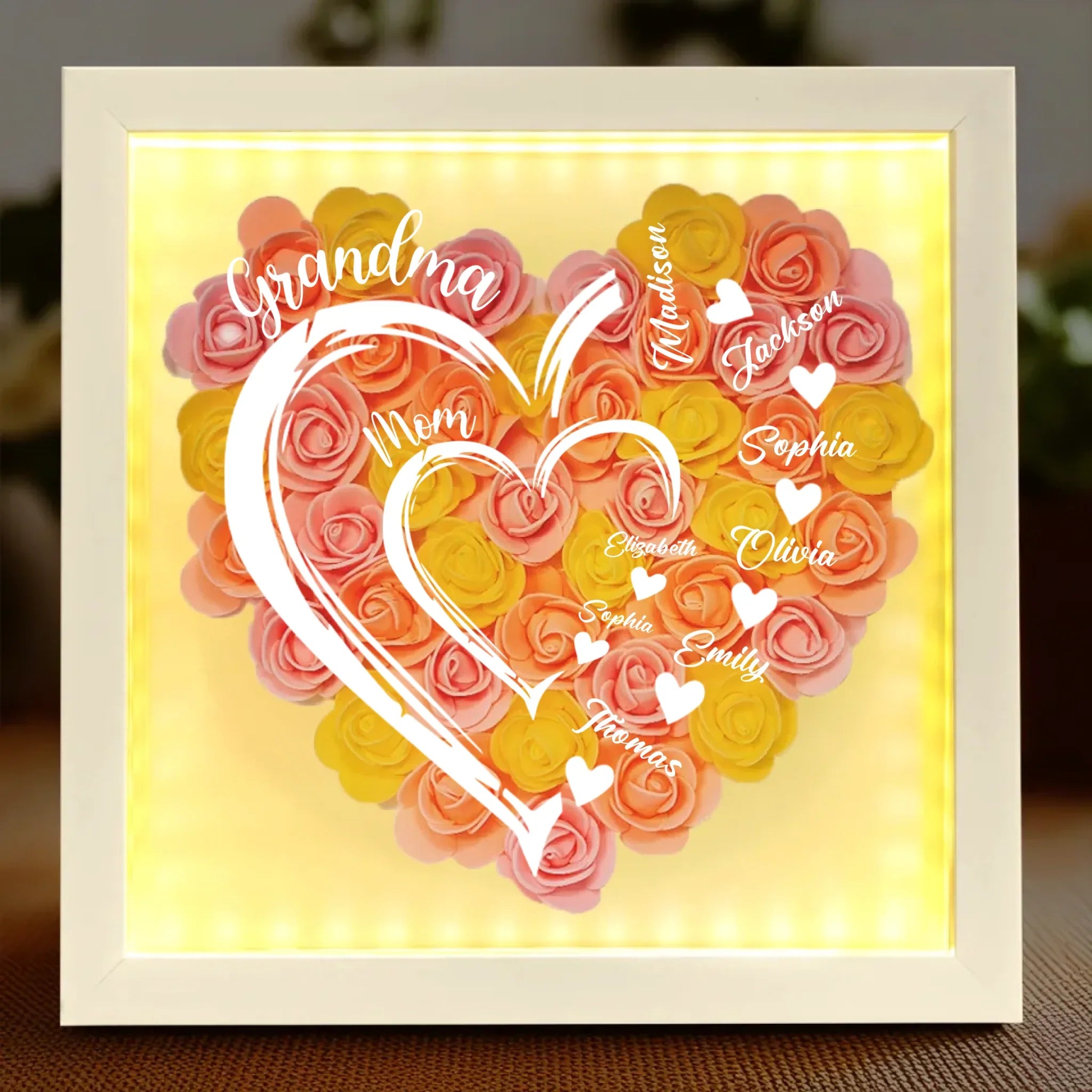 Love In Full Bloom - Family Personalized Custom Flower Shadow Box with LED - Mother's Day, Gift For Mom, Grandma