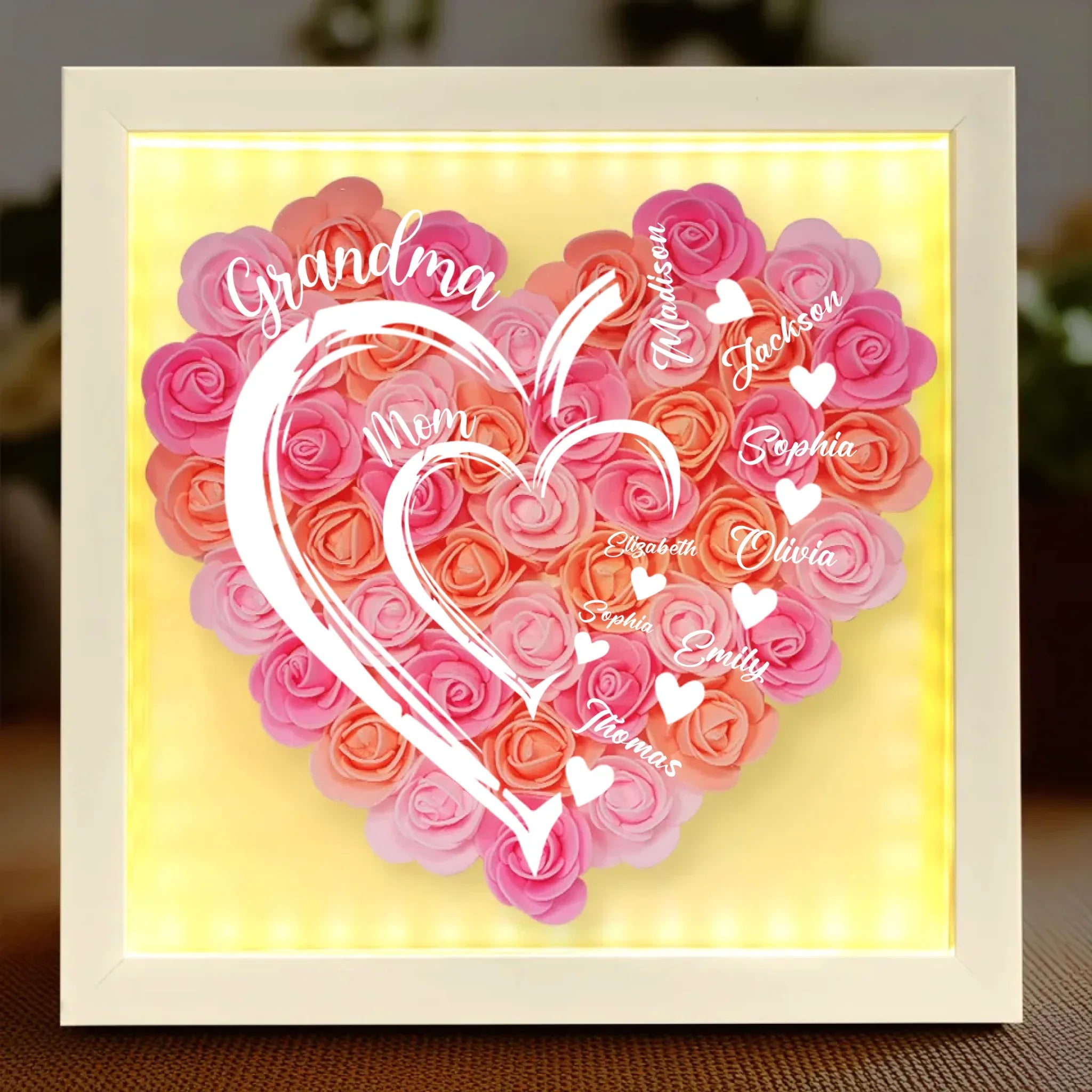 Love In Full Bloom - Family Personalized Custom Flower Shadow Box with LED - Mother's Day, Gift For Mom, Grandma