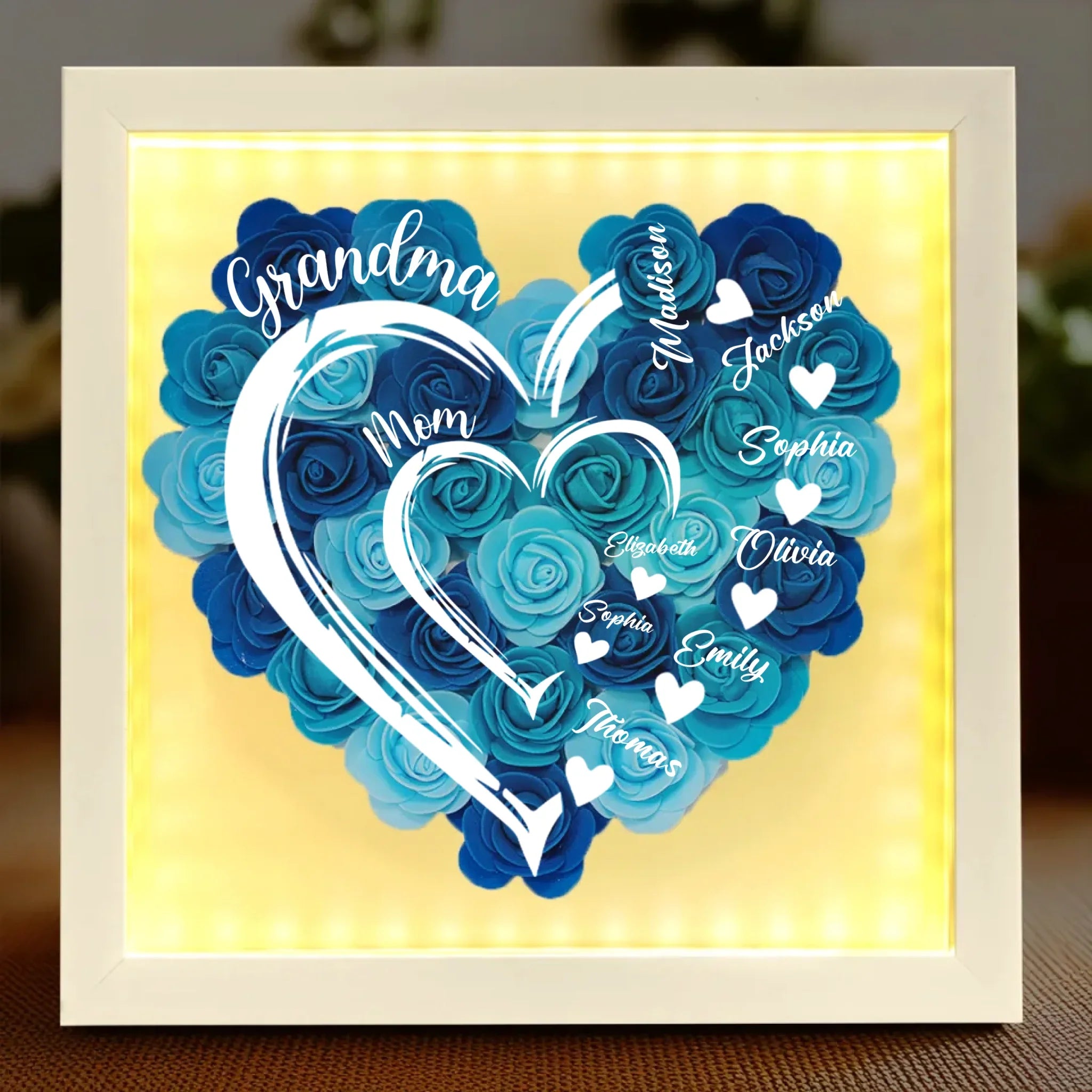 Love In Full Bloom - Family Personalized Custom Flower Shadow Box with LED - Mother's Day, Gift For Mom, Grandma