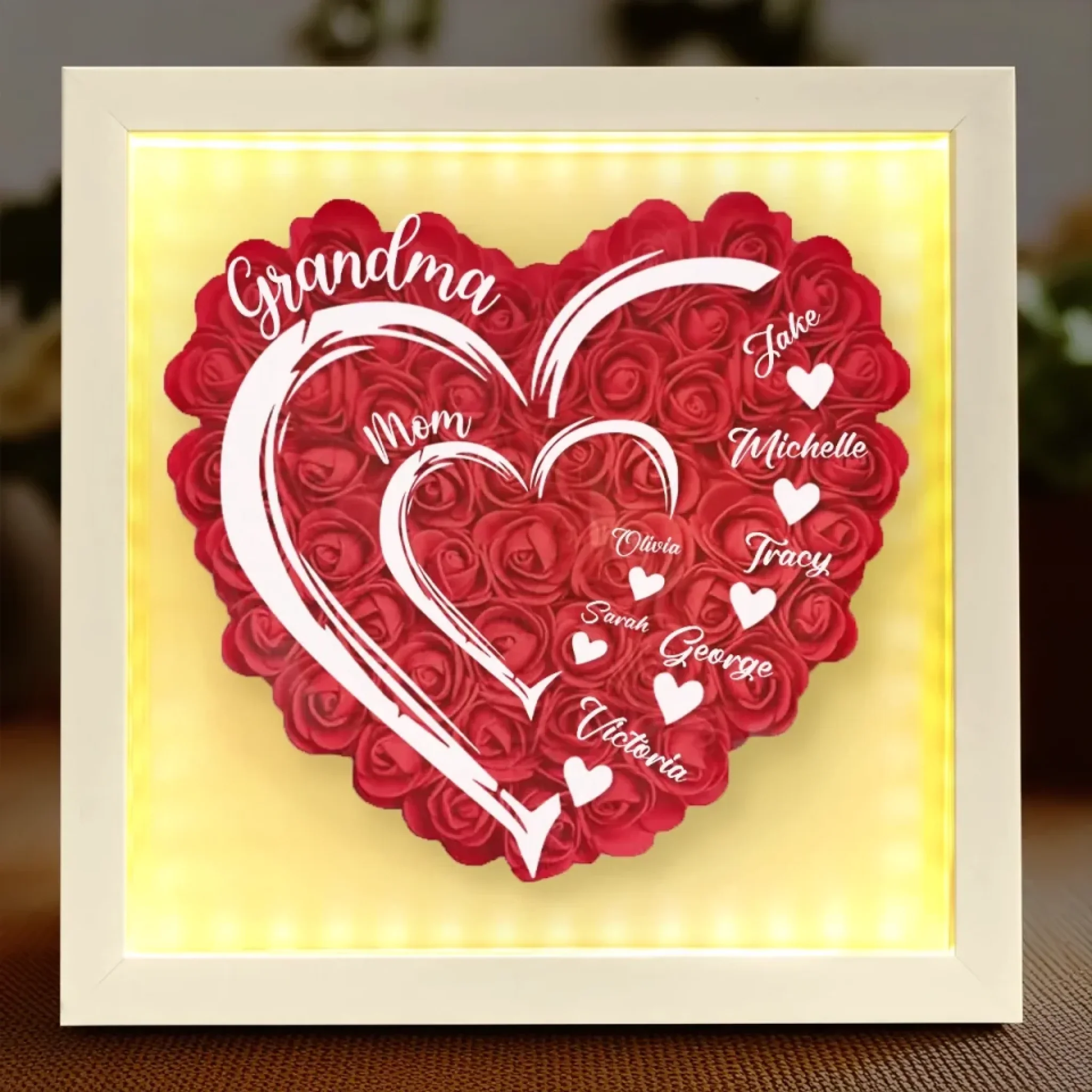 Love In Full Bloom - Family Personalized Custom Flower Shadow Box with LED - Mother's Day, Gift For Mom, Grandma