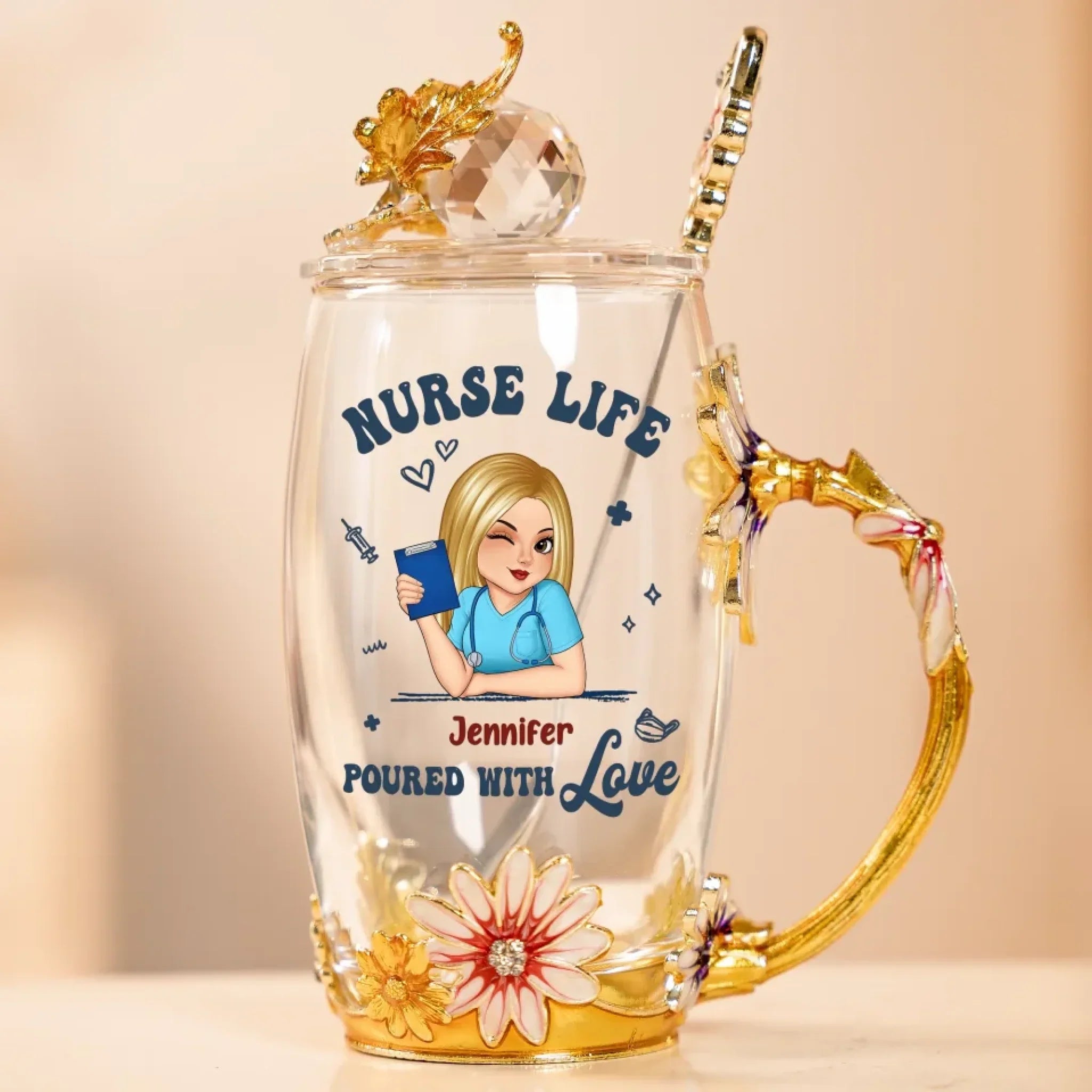 Life Saver In Cute Scrubs - Nurse Personalized Custom Enamel Flower Tea Cup With Lid & Spoon - Appreciation, Thank You Gift, Nurse Life, Doctor Life