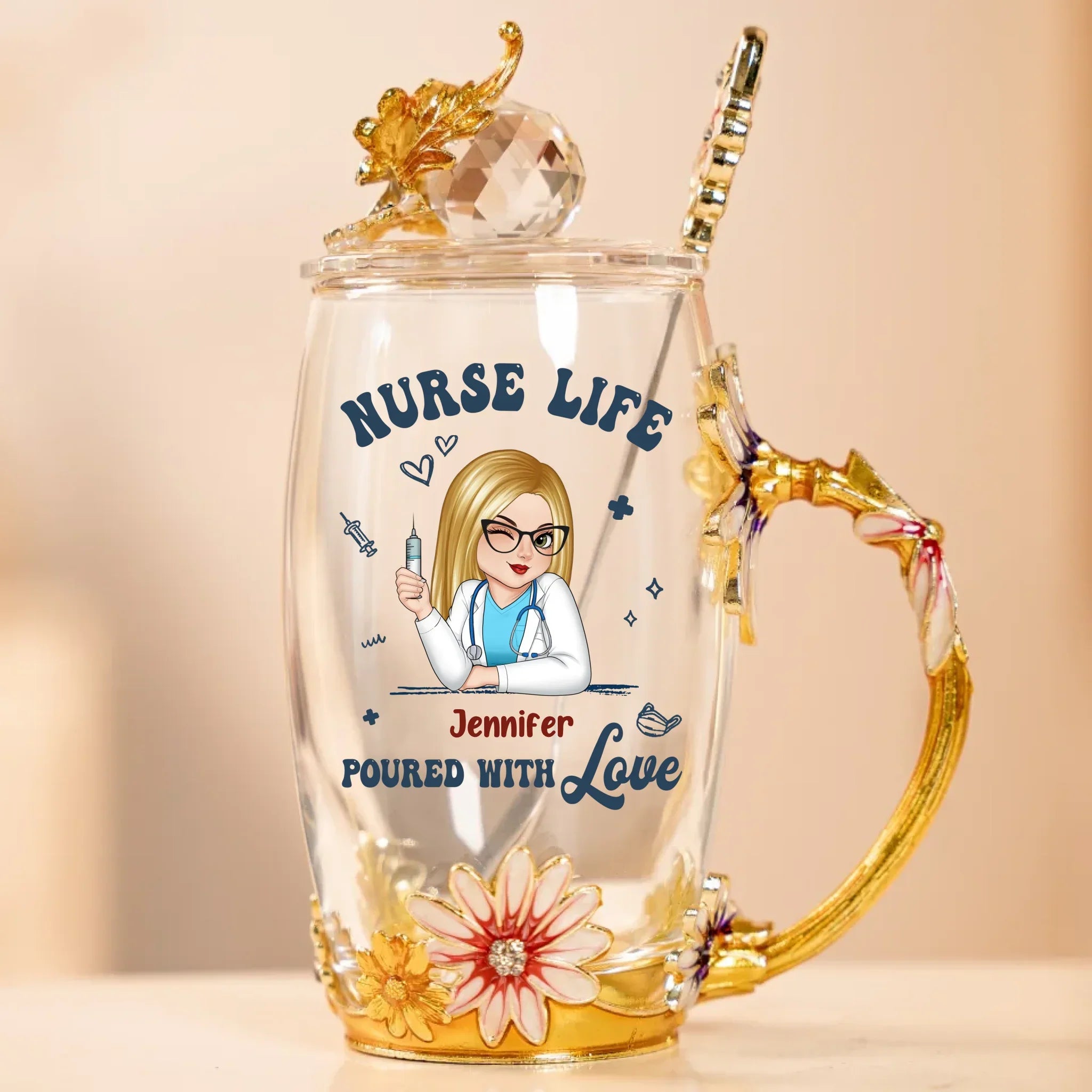 Life Saver In Cute Scrubs - Nurse Personalized Custom Enamel Flower Tea Cup With Lid & Spoon - Appreciation, Thank You Gift, Nurse Life, Doctor Life