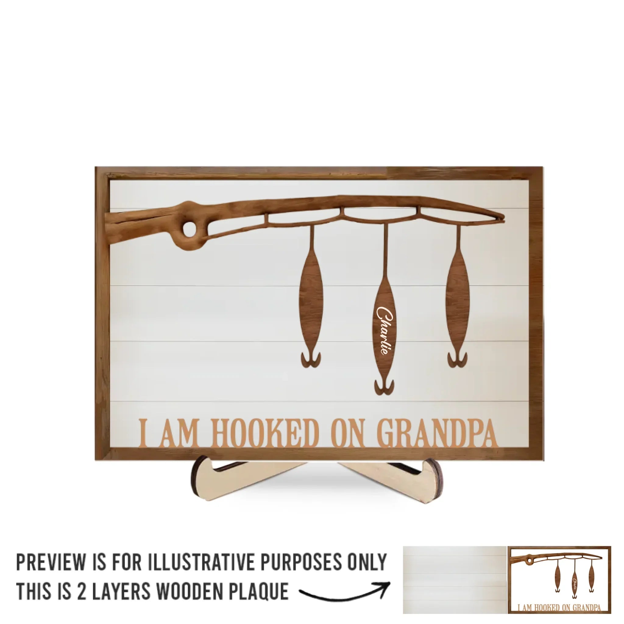 We Are Hooked On You - Family Personalized Custom 2-Layered Wooden Plaque With Stand - Father's Day, Gift For Dad, Grandpa, Sport Lovers, Sport Players