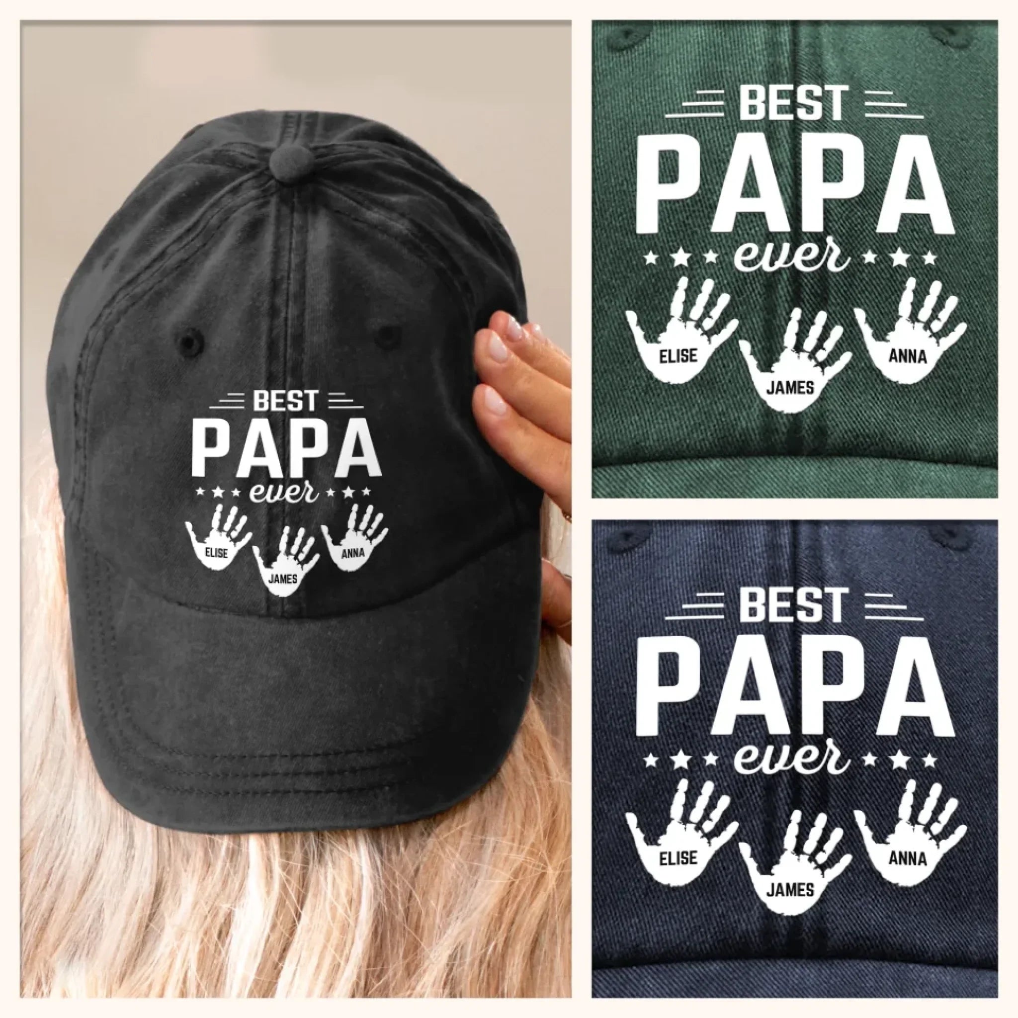 The Hands That Made Him Papa - Family Personalized Custom Vintage Washed Denim Baseball Cap - Father's Day, Gift For Dad, Grandpa