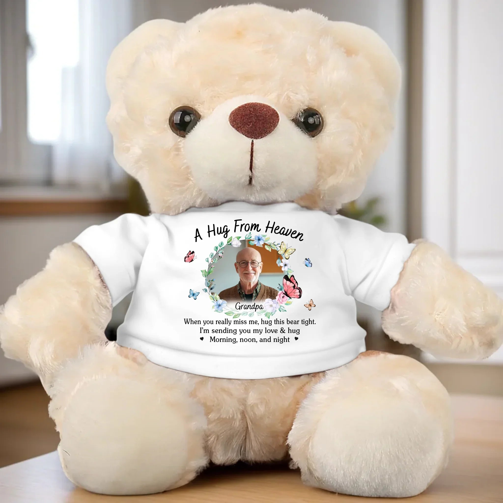 Custom Photo Sending Hugs From Above - Memorial Personalized Custom Teddy Bear Plush - Sympathy Gift For Family Members