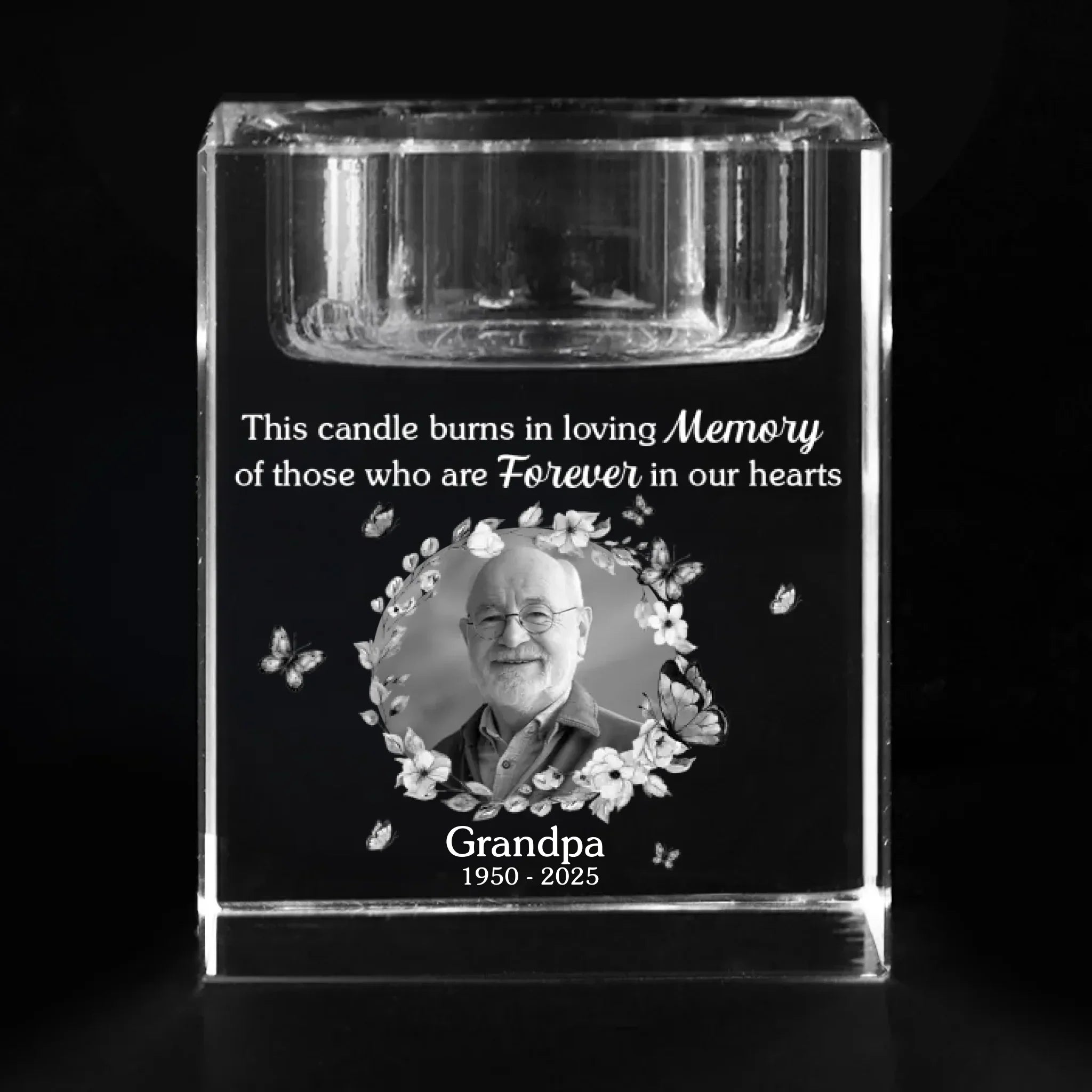 Custom Photo You Stay Forever In Our Hearts - Memorial Personalized Custom 3D Crystal Photo Laser Engraved, Crystal Candle Holder - Sympathy Gift For Family Members