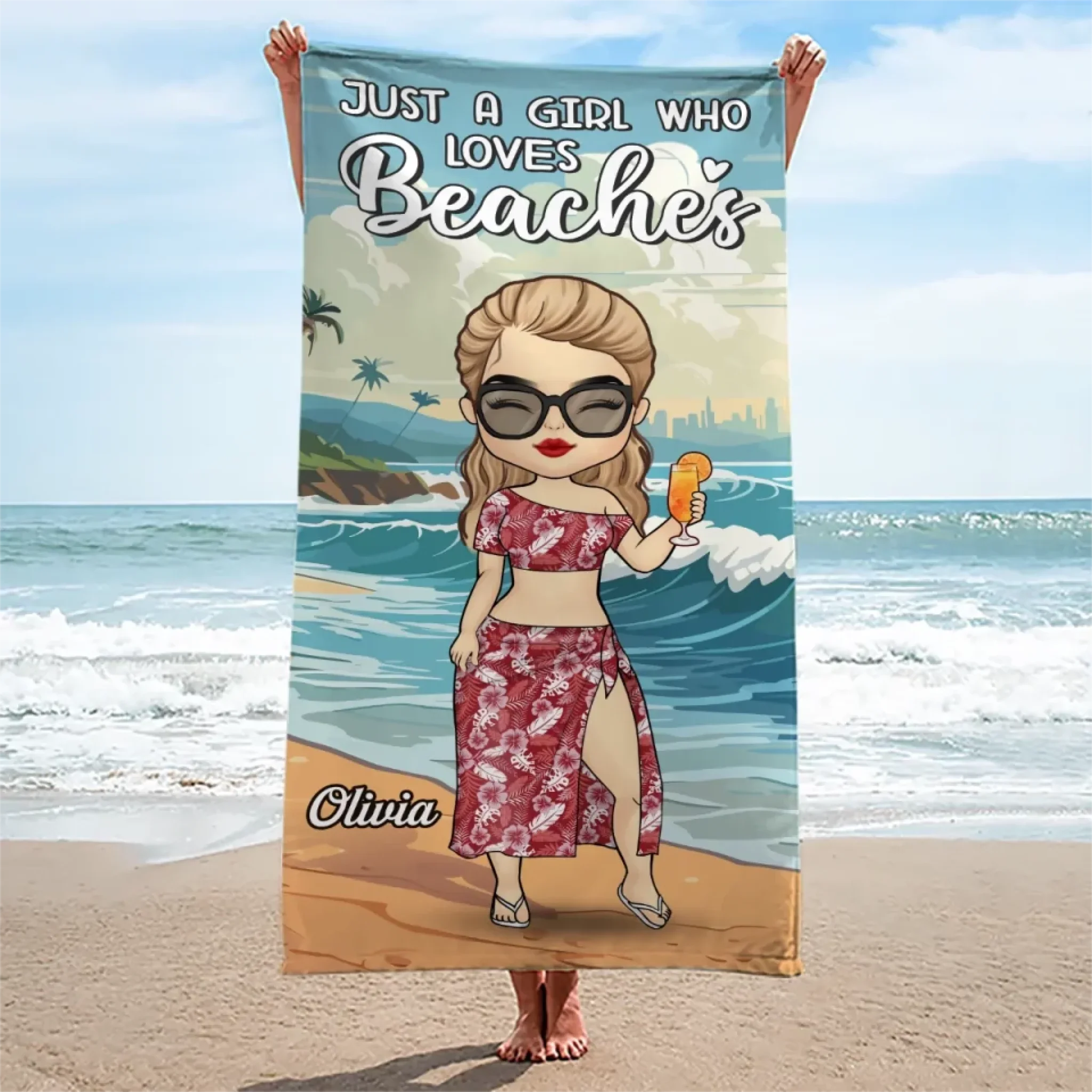 Just A Girl Living Her Beach Dream - Bestie Personalized Custom Beach Towel - Summer Vacation Gift, Birthday Pool Party Gift For Best Friends, BFF, Sisters