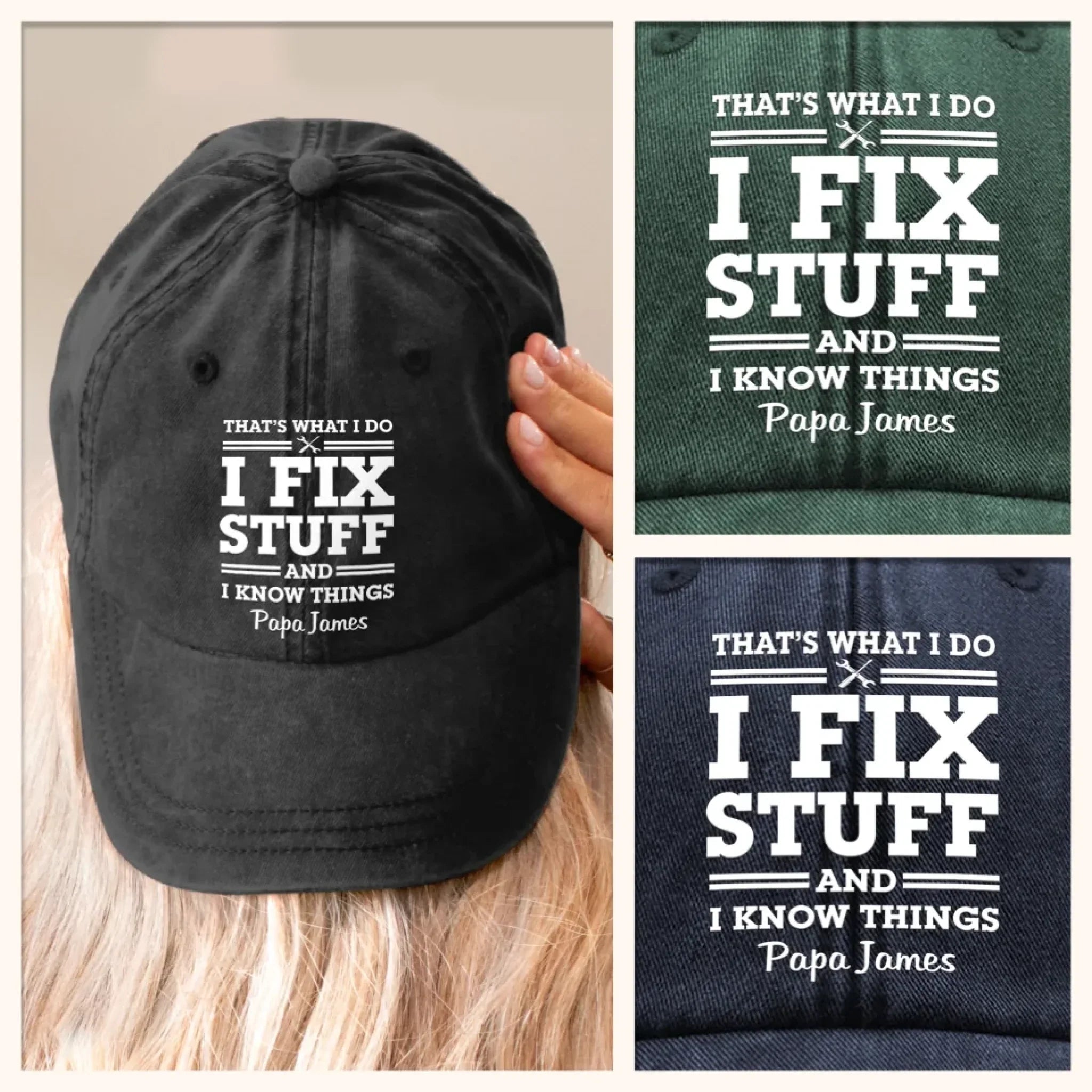 Papa Knows, Papa Fixes - Family Personalized Custom Vintage Washed Denim Baseball Cap - Father's Day, Gift For Dad, Grandpa