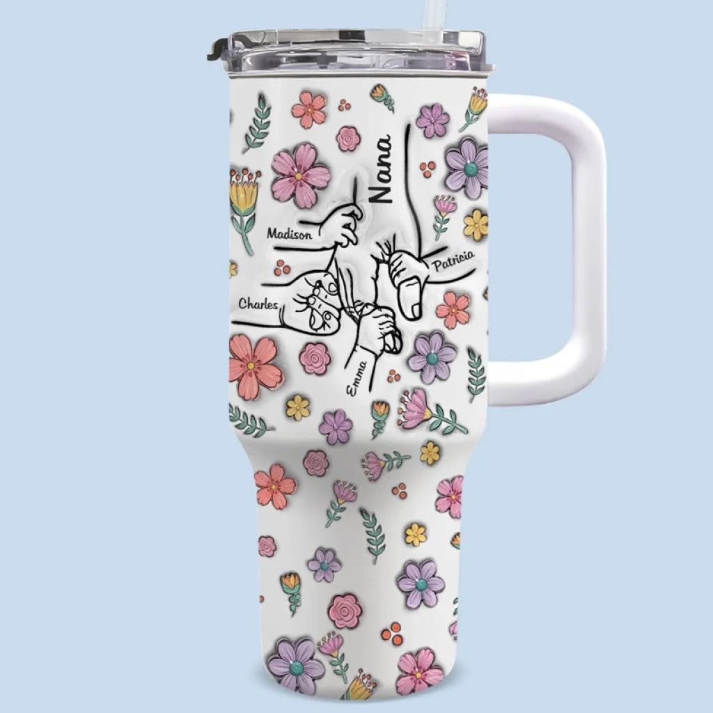 Holding Hearts Forever - Family Personalized Custom 3D Inflated Effect Printed 40 Oz Stainless Steel Tumbler With Handle - Mother's Day, Gift For Mom, Grandma