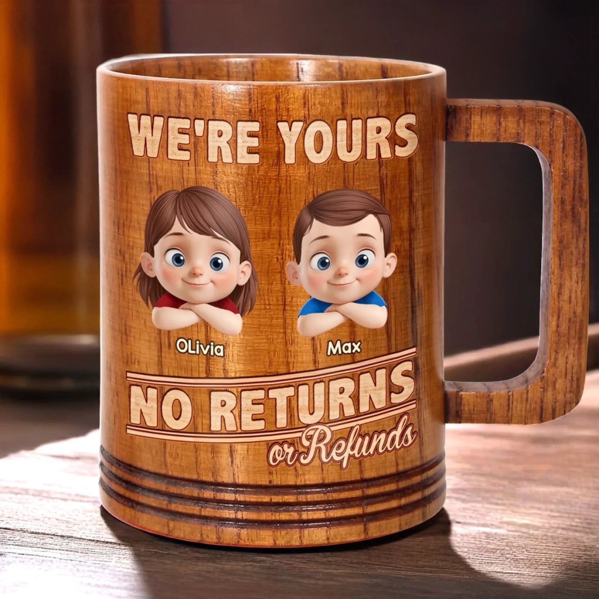 Too Cute To Return - Family Personalized Custom Wooden Mug - Father's Day, Gift For Dad, Grandpa