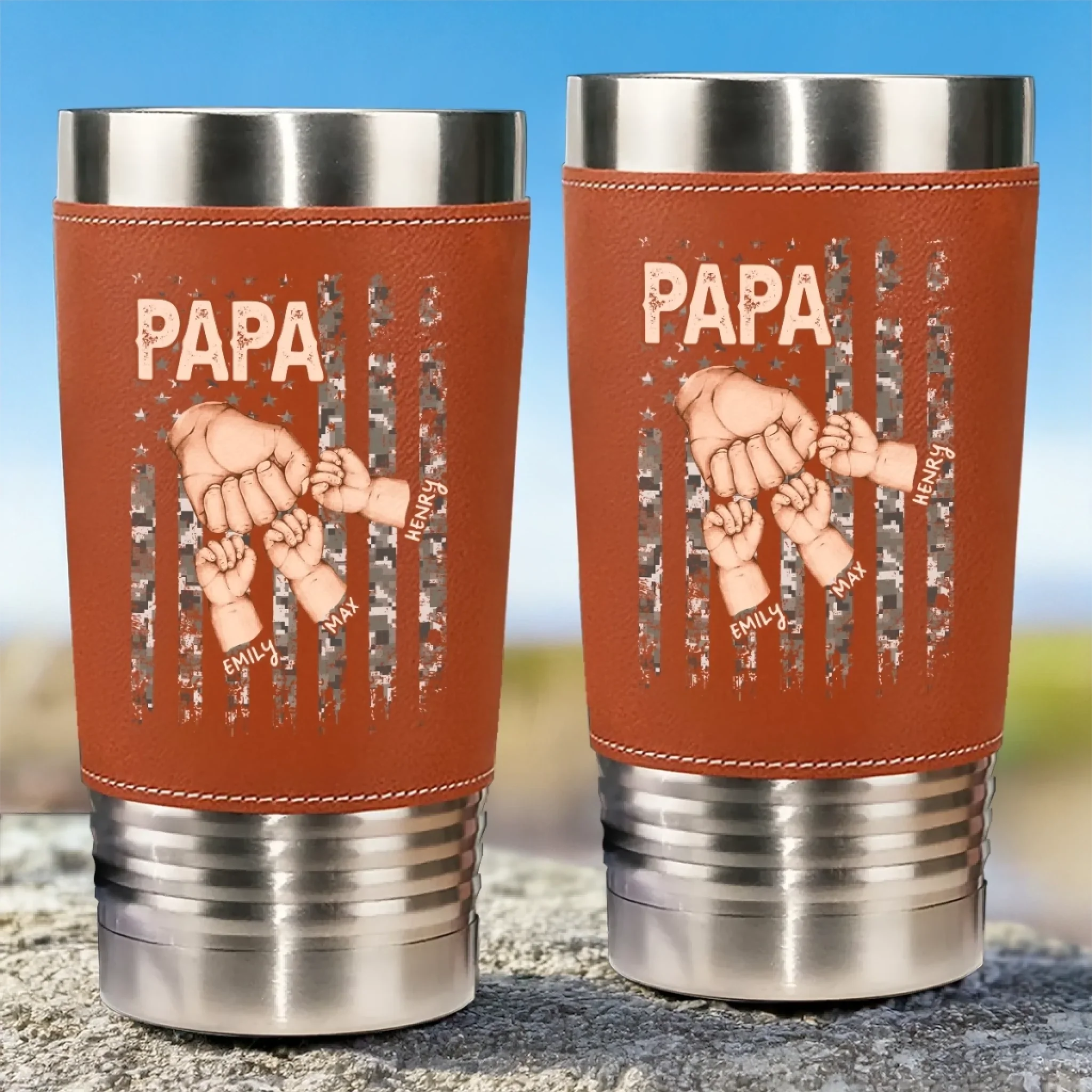 The Hand That Guides Us - Family Personalized Custom Printed Leather Tumbler - Father's Day, Gift For Dad, Grandpa, Family Members