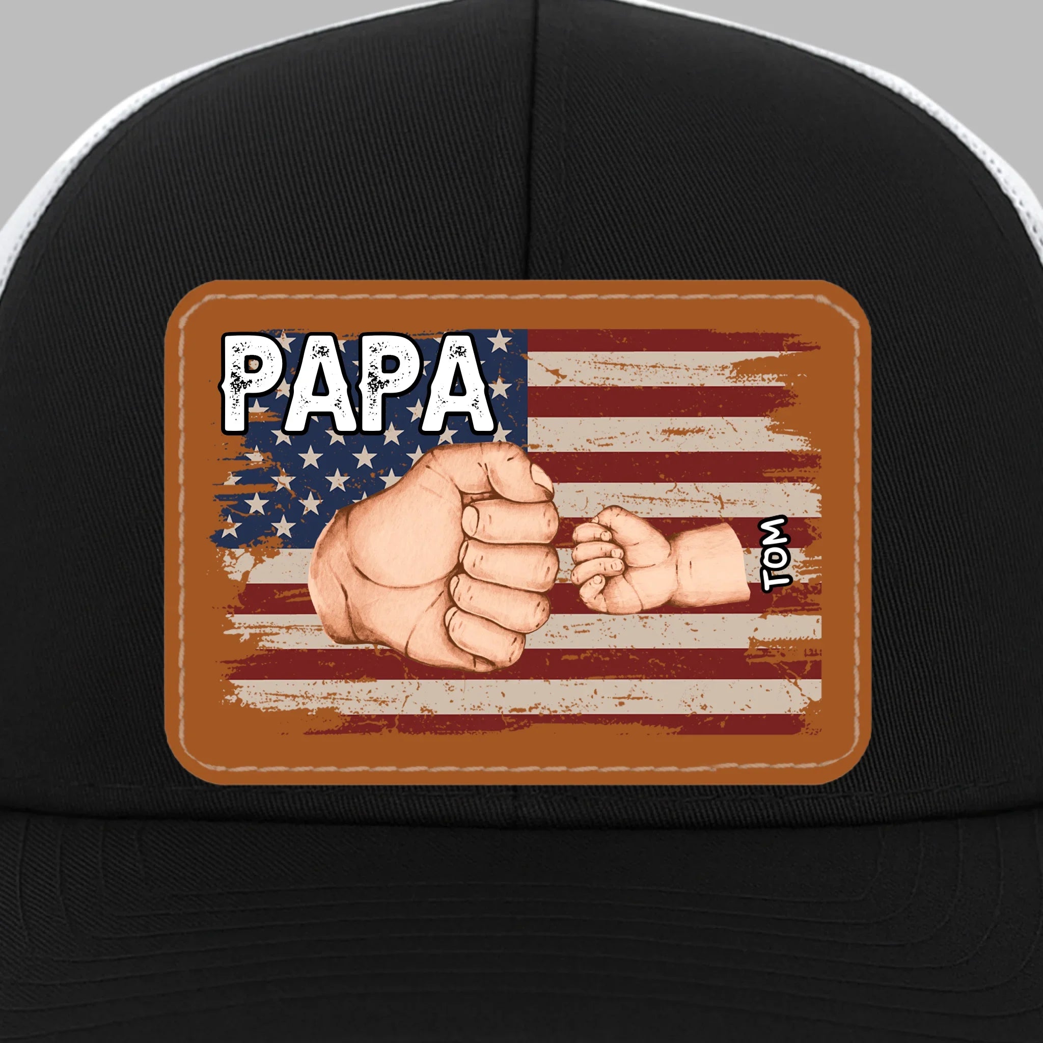 Strong Hands, Soft Heart - Family Personalized Custom Leather Patch Mesh Cap - 4th Of July, Gift For Dad, Grandpa
