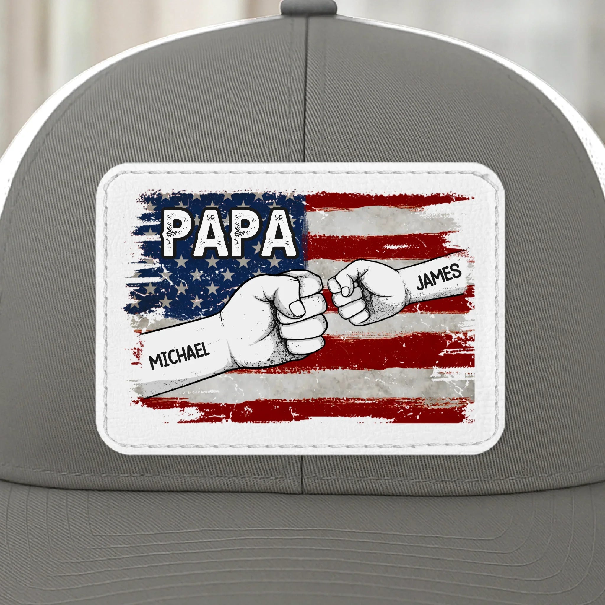Papa & His Crew - Family Personalized Custom Leather Patch Mesh Cap - 4th Of July, Gift For Dad, Grandpa