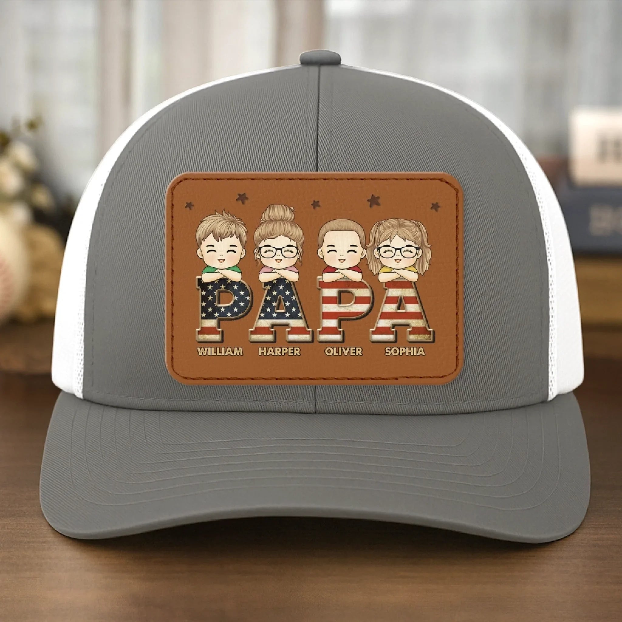 Papa Of Legends - Family Personalized Custom Leather Patch Mesh Cap - 4th Of July, Gift For Dad, Grandpa