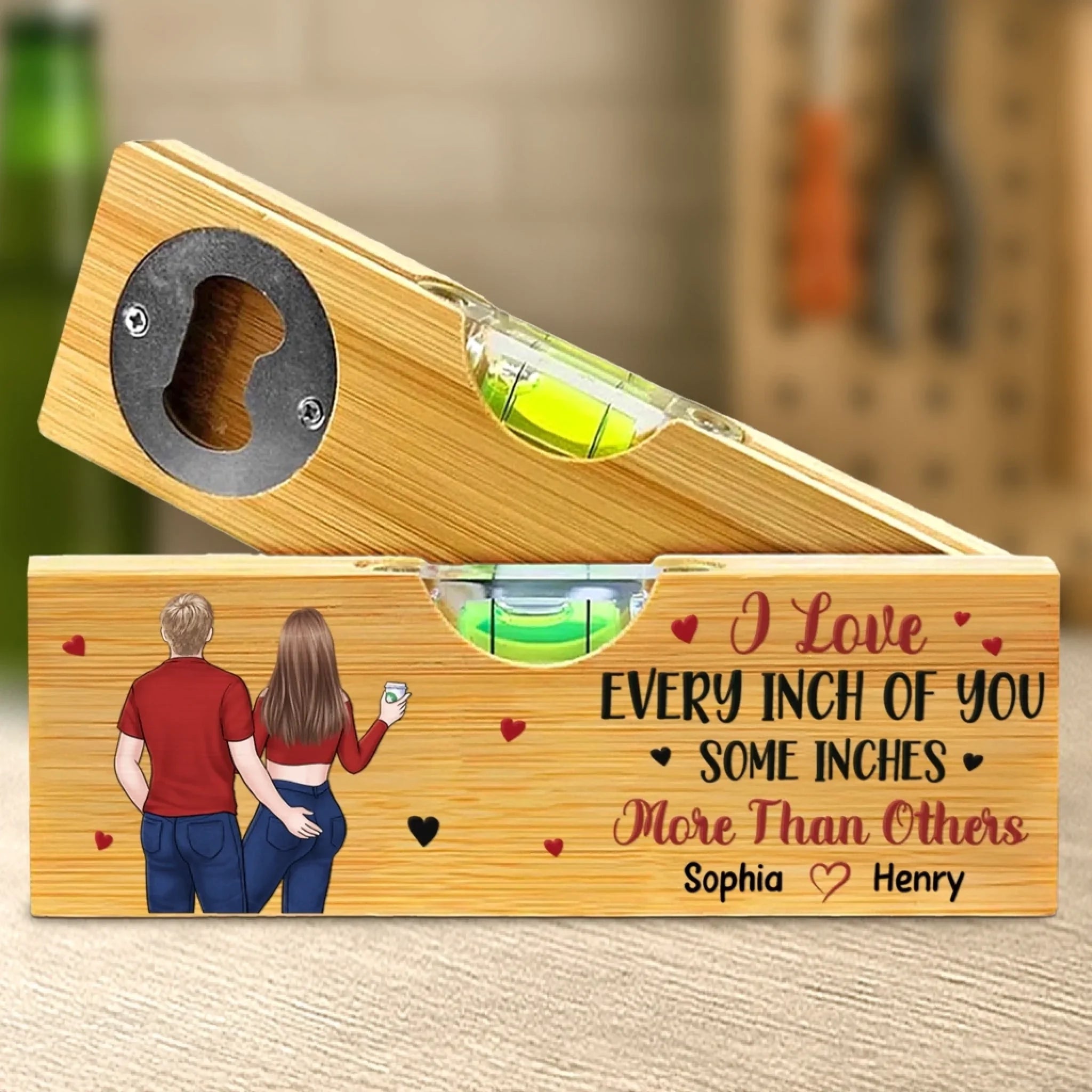 Custom Wooden Bottle Opener With Built-in Spirit Level - Personalized Anniversary Wedding Gifts For Husband And Wife, Him And Her - You And Me, Always