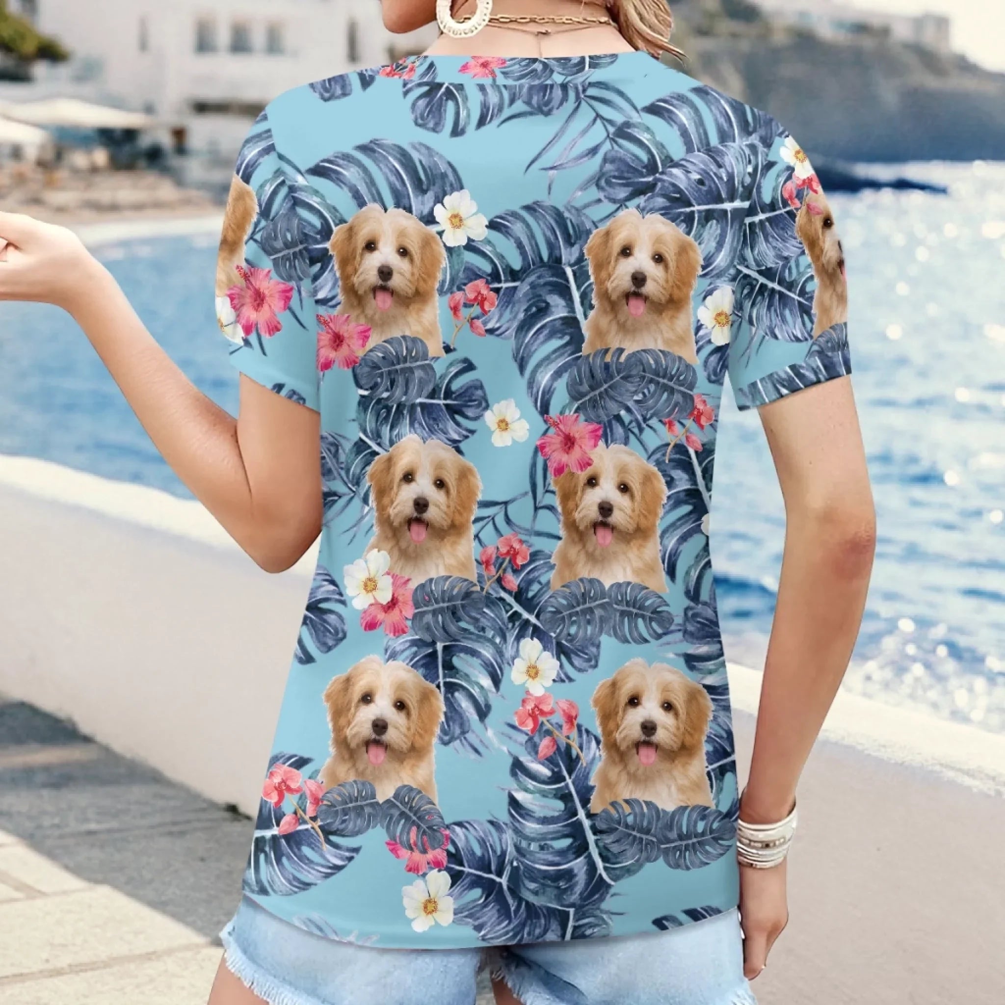 Custom Photo Puff Sleeve Shirt - Personalized Summer Vacation And Travel Gifts For Dog Cat Lovers, Dog Dad And Mom, Cat Owners - Family Vacation Starter Pack