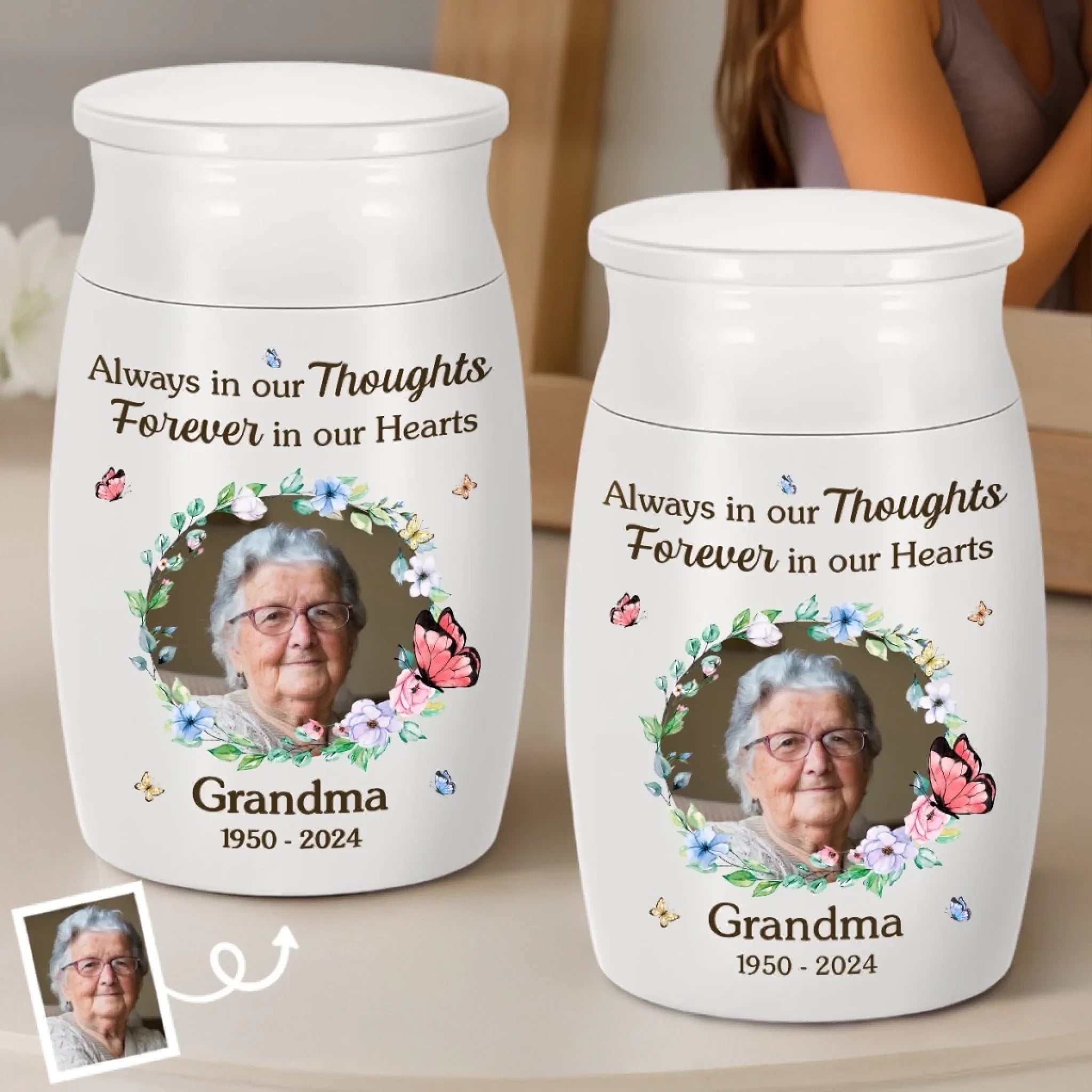 Custom Photo Decorative Urn - Personalized Memorial Sympathy Gifts For Loss Of Mom, Dad - Always In Ours Thoughts