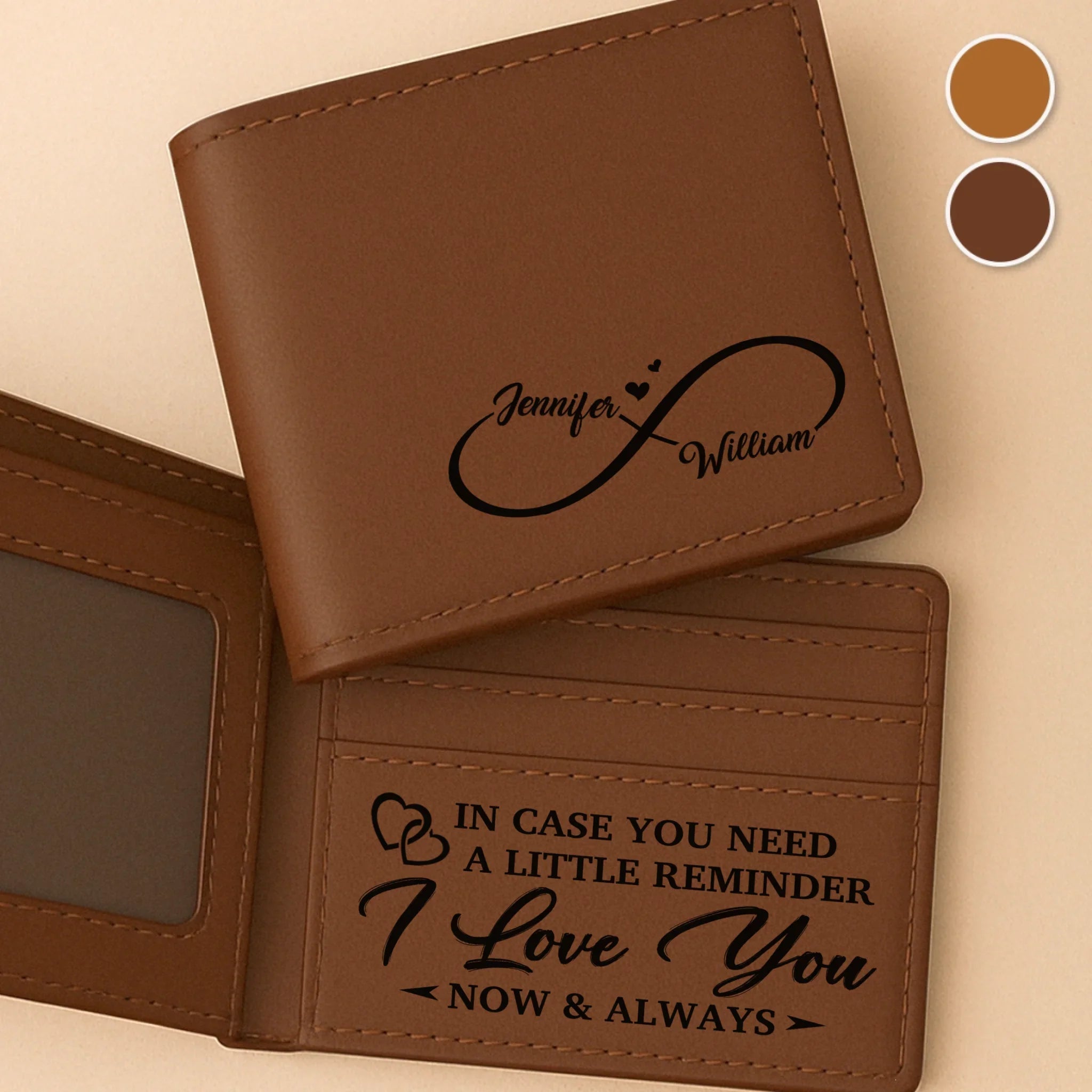 Custom Engraved Bifold Leather Wallet Two Sides - Personalized Anniversary Wedding Gifts For Husband And Wife, Him And Her - Love You Now And Always