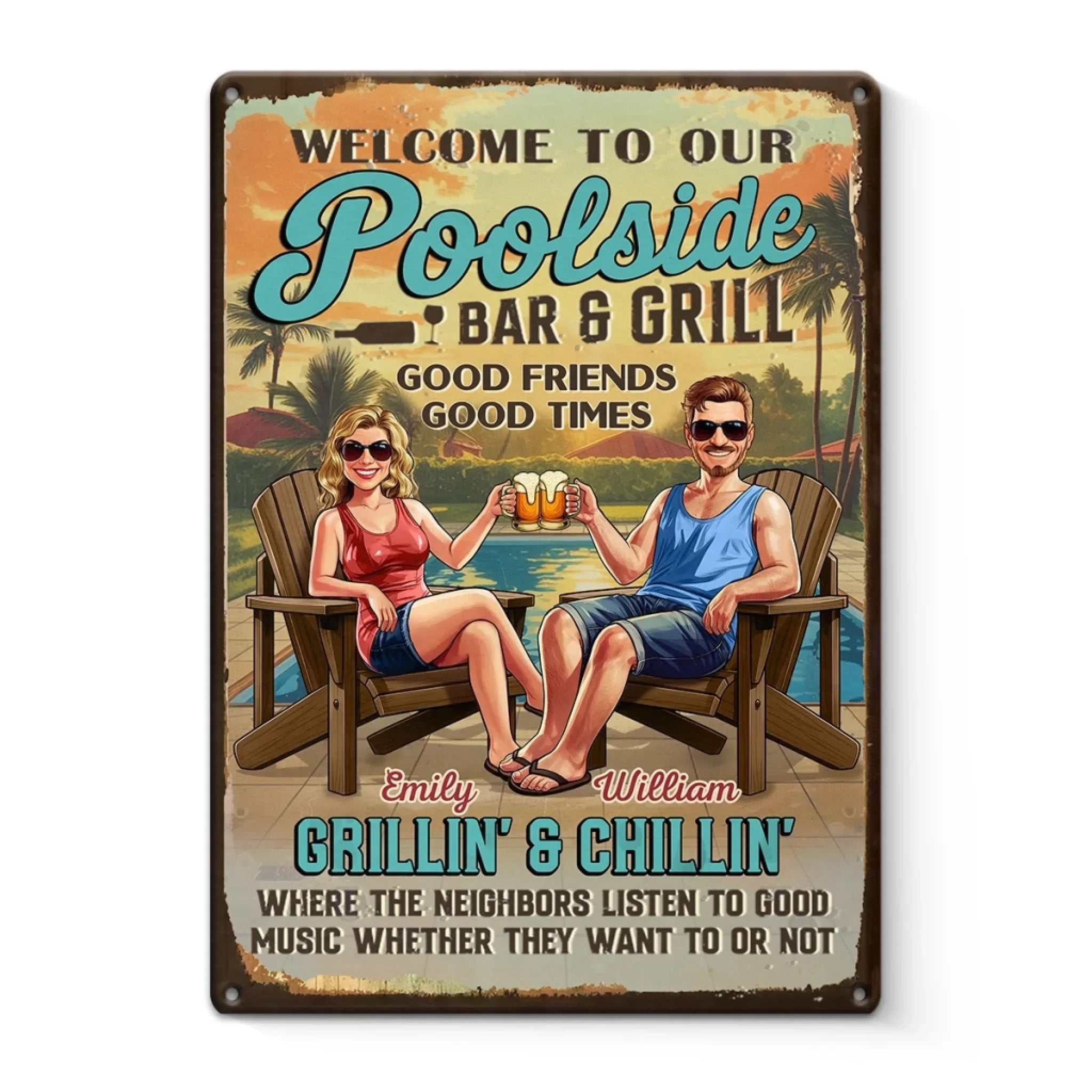 Custom Home Decor Metal Sign - Personalized Anniversary Wedding Gifts For Husband And Wife, Him And Her - Poolside Vibes Only