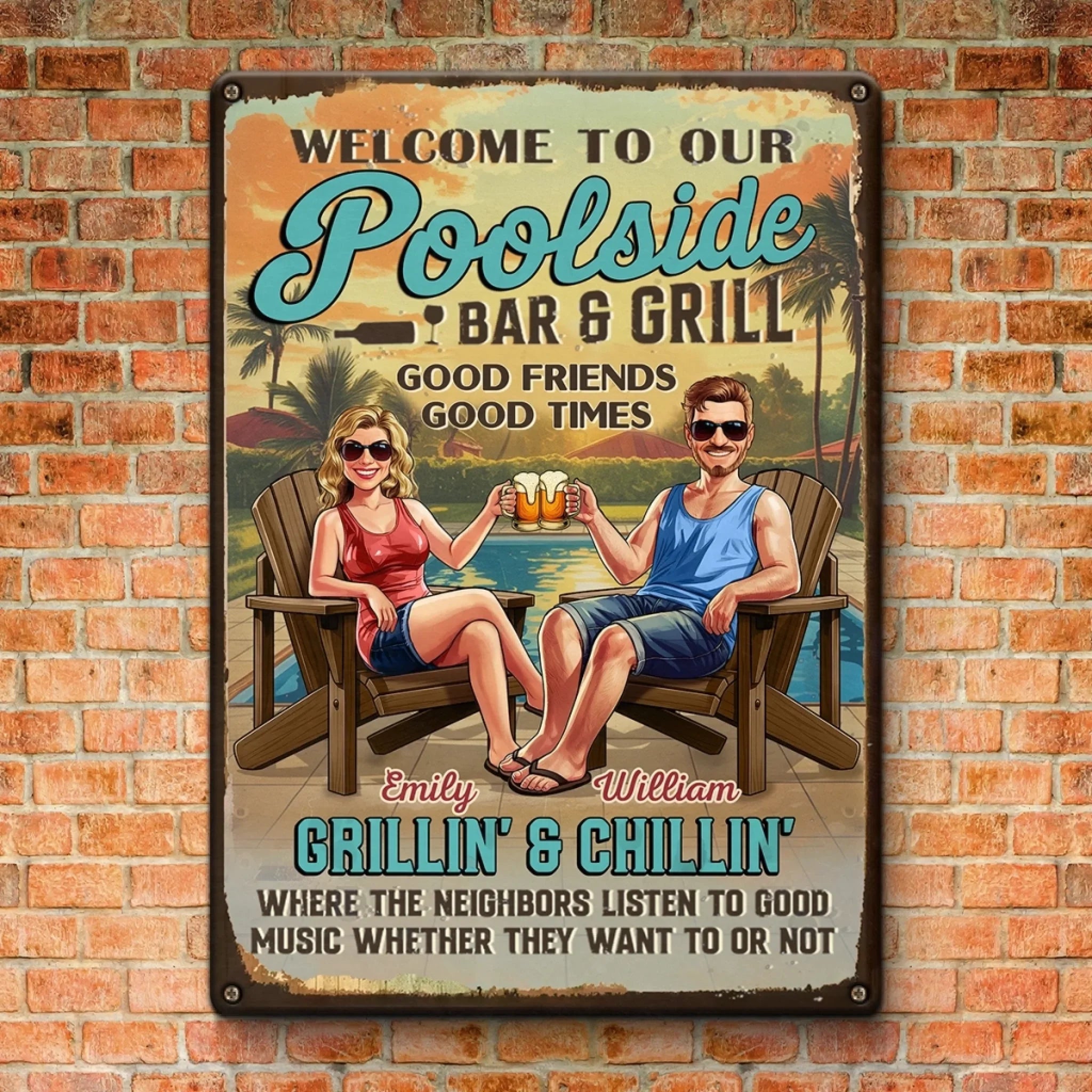Custom Home Decor Metal Sign - Personalized Anniversary Wedding Gifts For Husband And Wife, Him And Her - Poolside Vibes Only