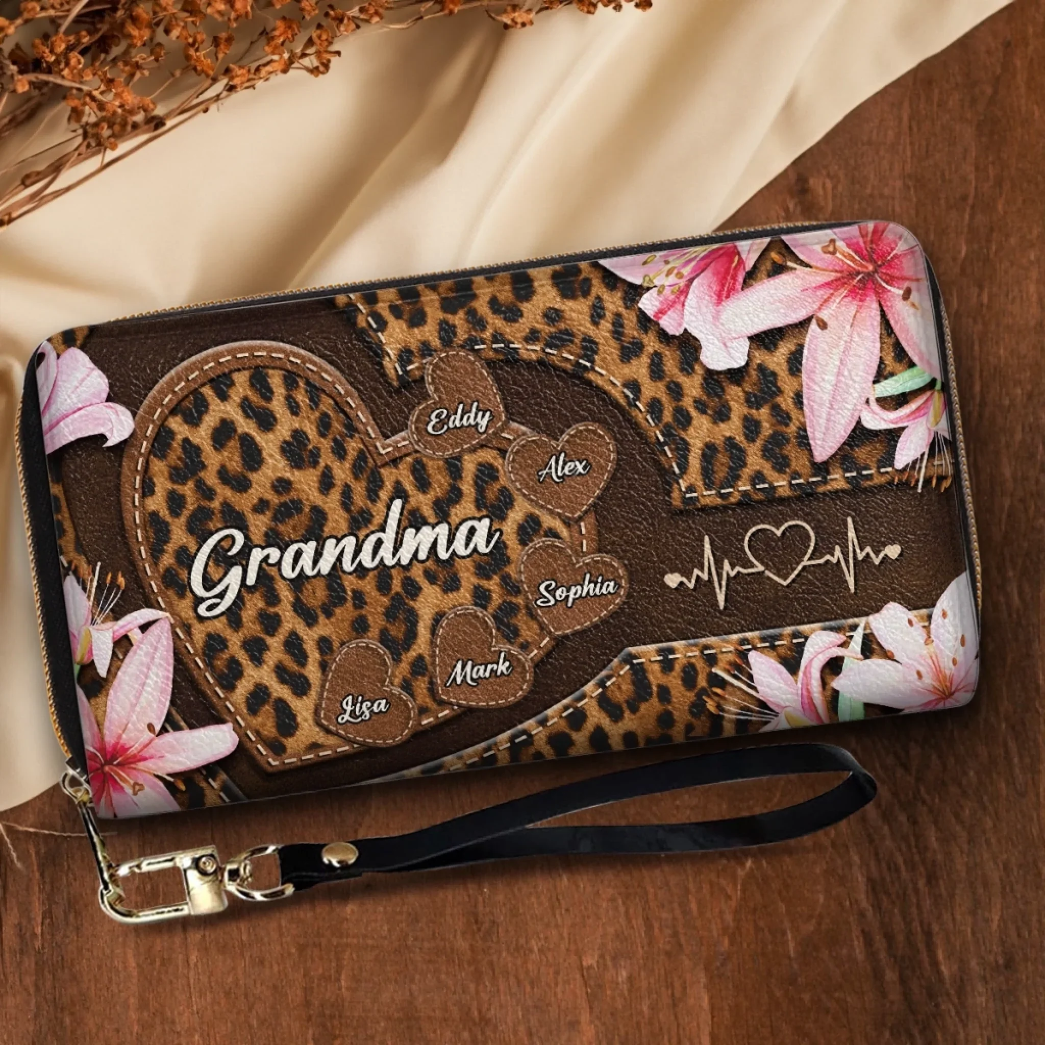 Custom Leather Long Wallet - Personalized Mother's Day Gifts For Mother, Grandmother - One Beat, One Love