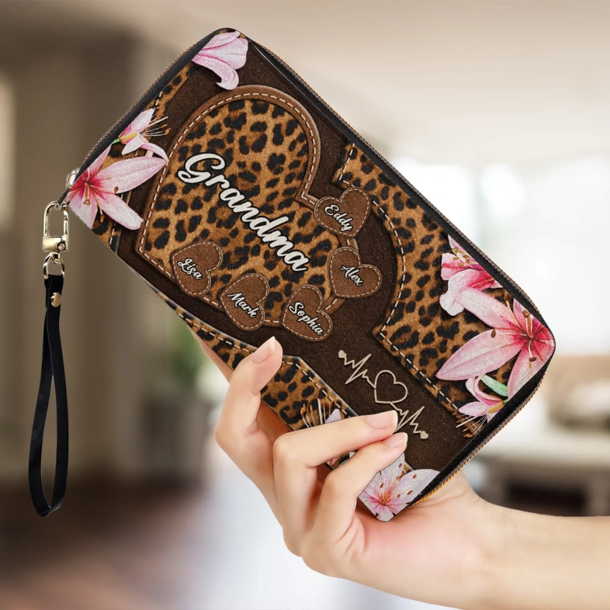 Custom Leather Long Wallet - Personalized Mother's Day Gifts For Mother, Grandmother - One Beat, One Love