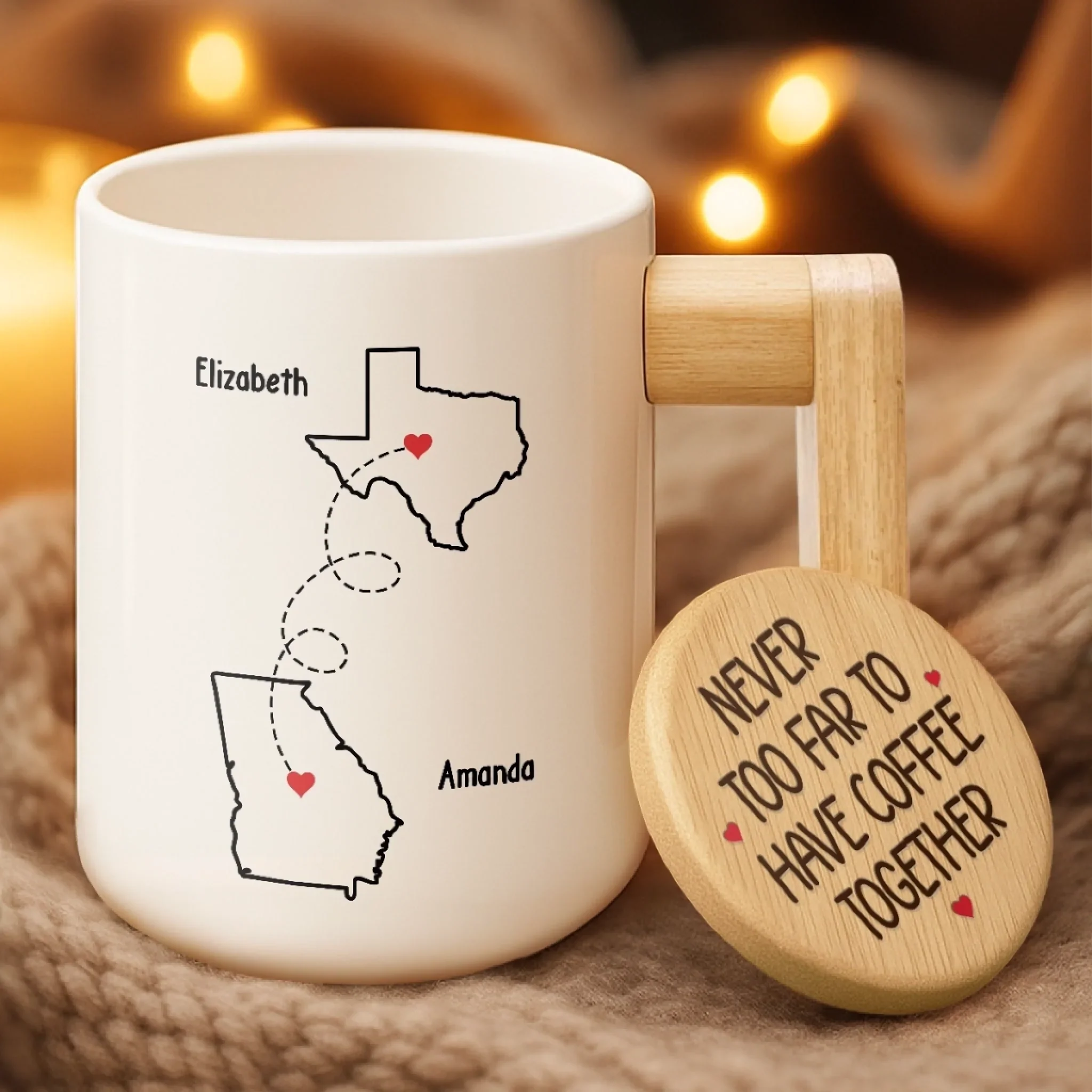 Custom Ceramic Mug With Wooden Lid & Handle - Personalized Best Friend Birthday Gifts For Women - Never Too Far To Have Coffee Together