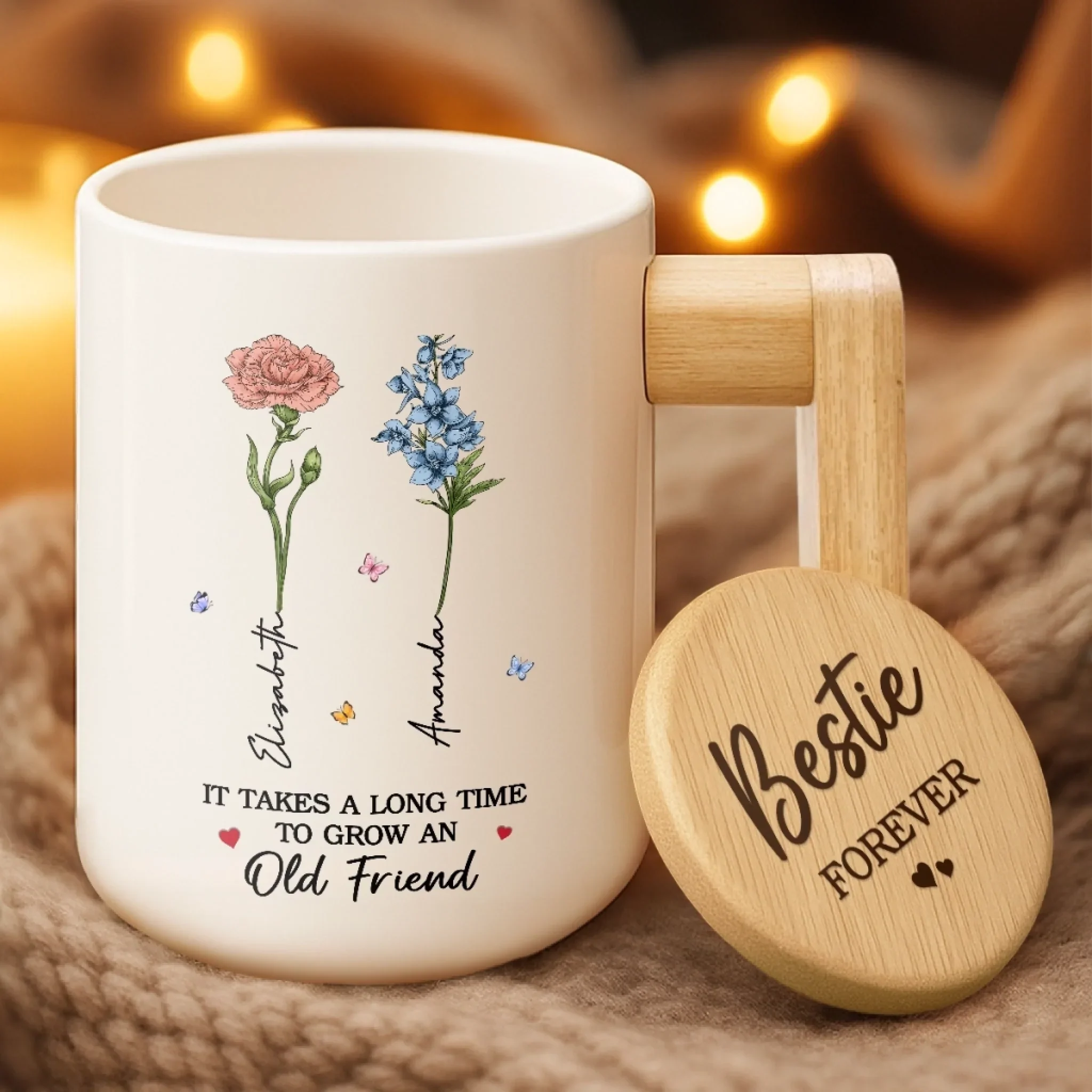 Custom Ceramic Mug With Wooden Lid & Handle - Personalized Best Friend Birthday Gifts For Women - Friendship In Full Bloom