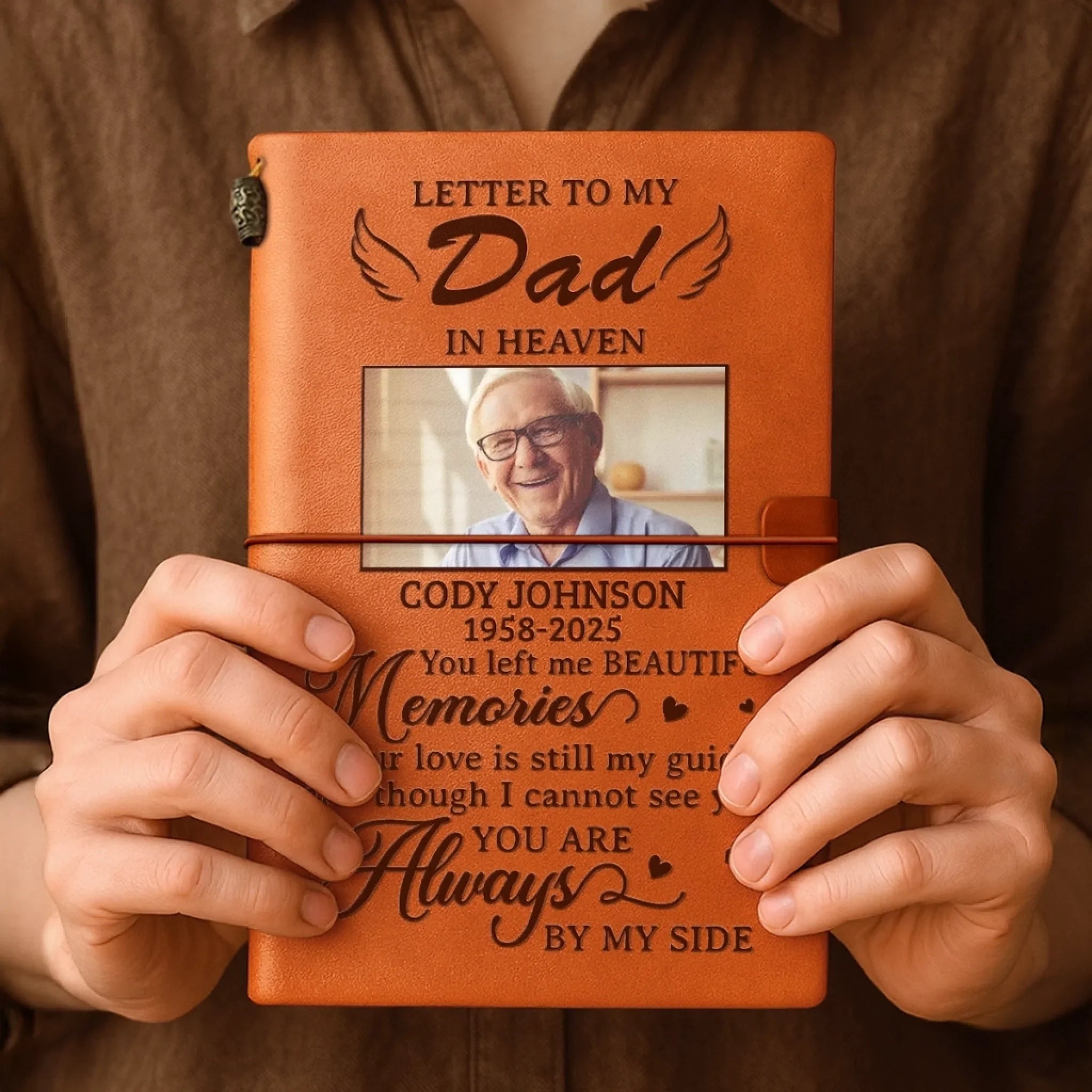 Custom Photo Leather Wrap Journal - Personalized Memorial Sympathy Gifts For Loss Of Mom, Dad - Forever In My Heart