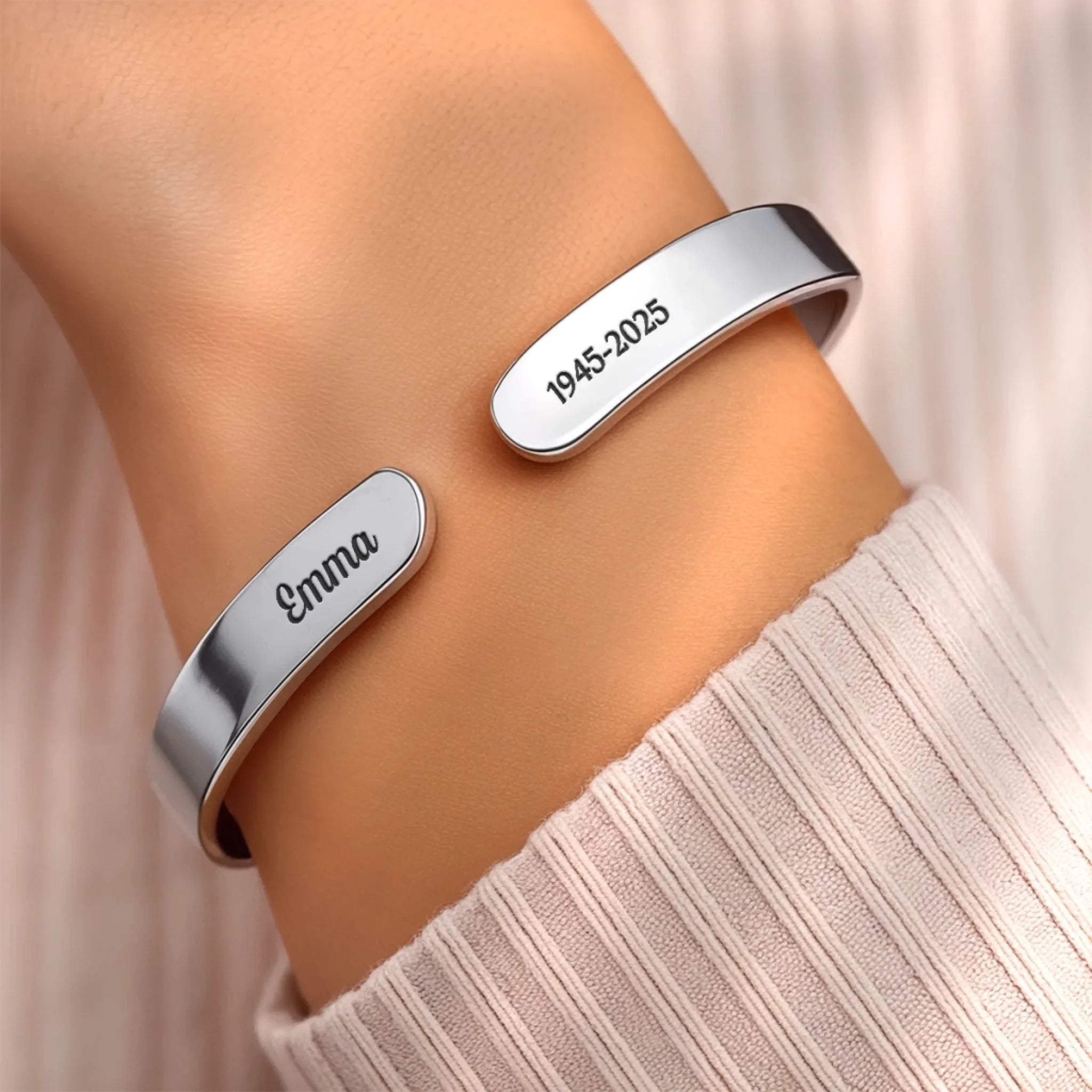 Custom Engraved Stainless Steel Cuff Bracelet - Personalized Memorial Sympathy Gifts For Loss Of Mom, Dad - Always In My Thoughts, Forever In My Heart