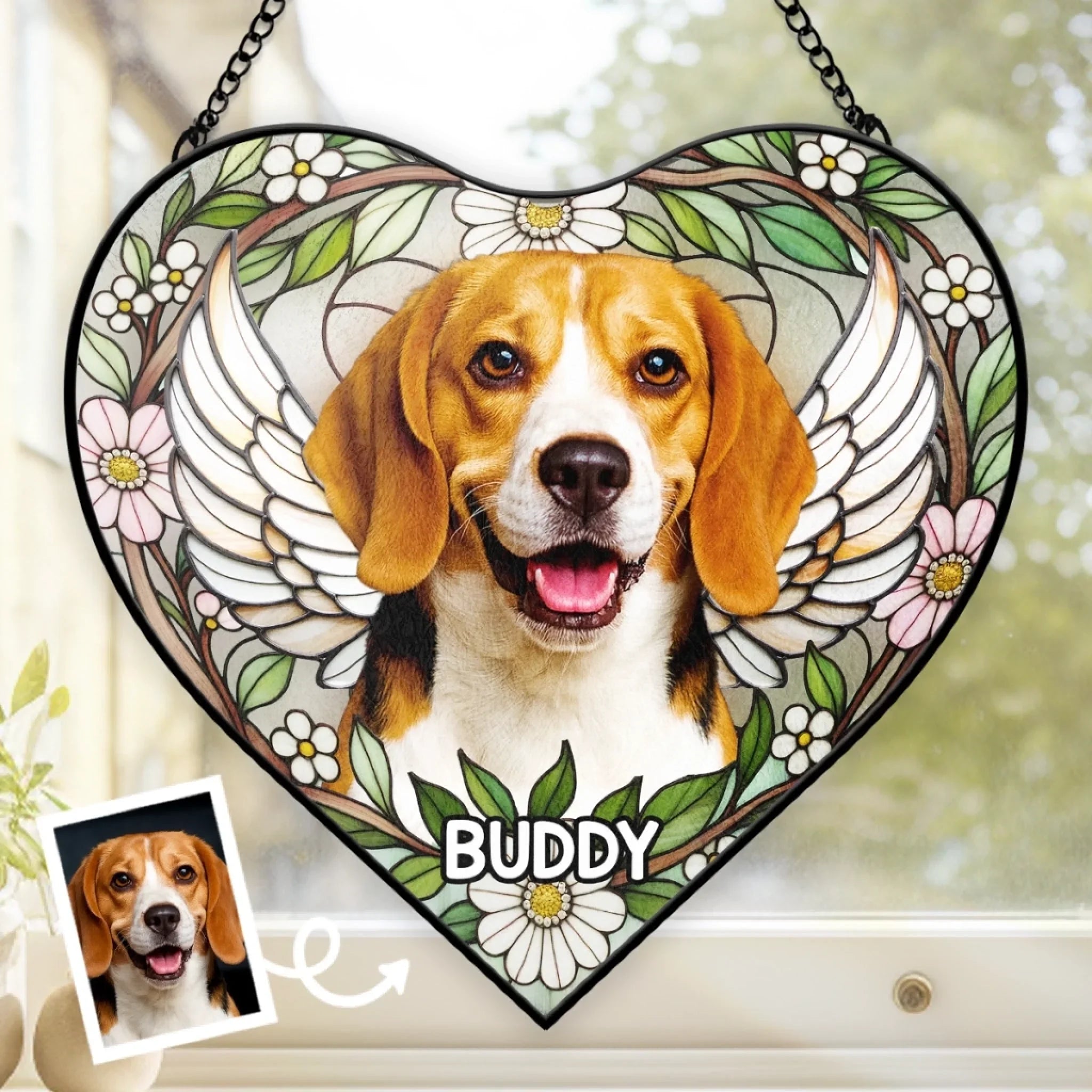 Custom Photo Heart-Shaped Stained Glass Window Suncatcher - Personalized Pet Memorial Sympathy Gifts For Dogs, Cats - Love Lives On Always