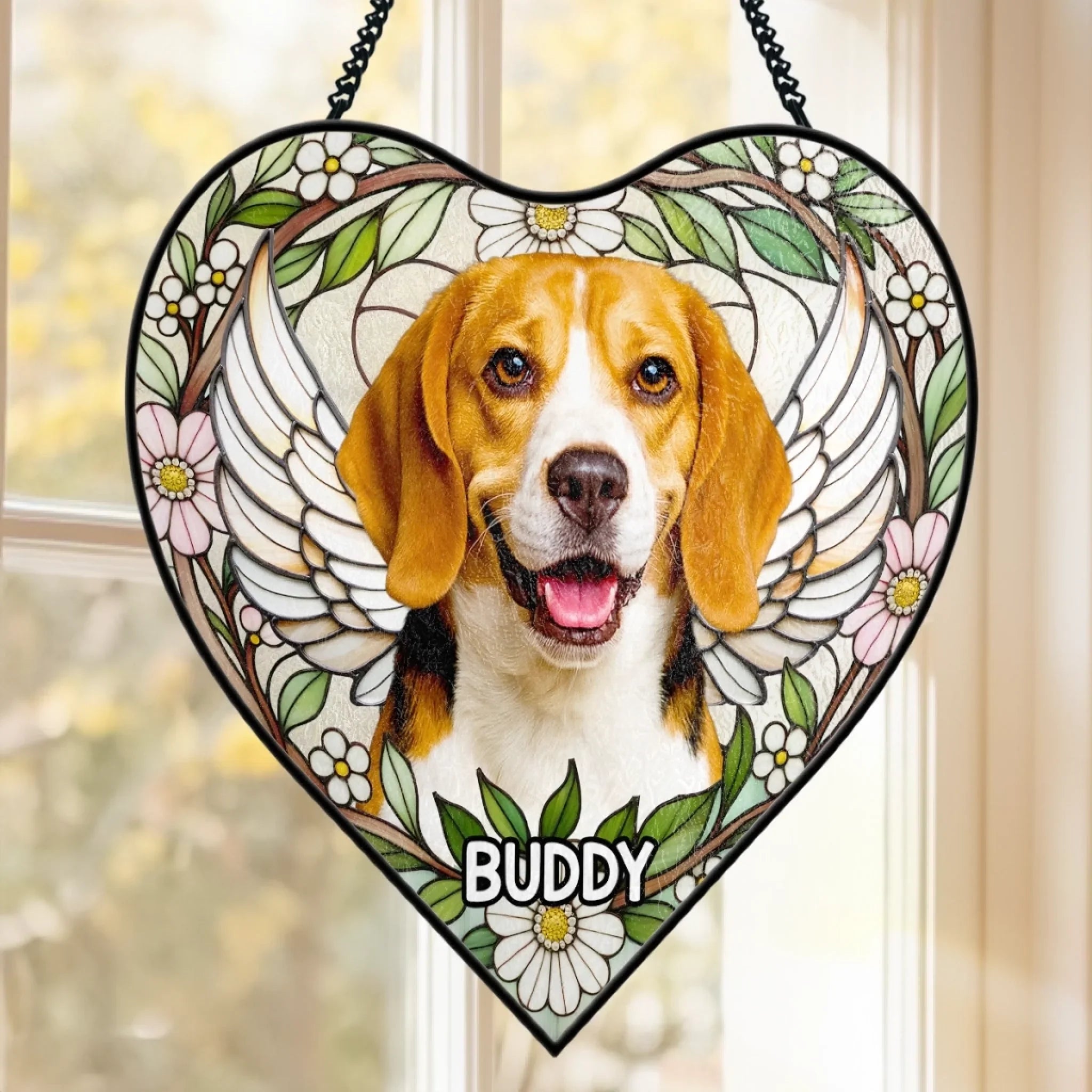 Custom Photo Heart-Shaped Stained Glass Window Suncatcher - Personalized Pet Memorial Sympathy Gifts For Dogs, Cats - Love Lives On Always