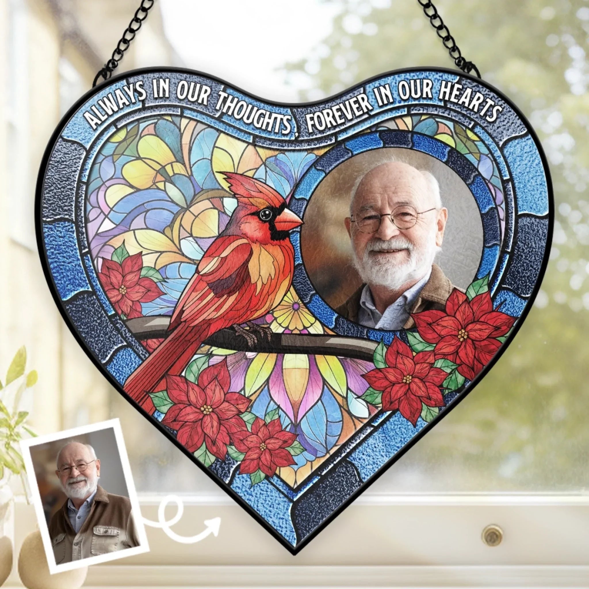Custom Photo Heart-Shaped Stained Glass Window Suncatcher - Personalized Memorial Sympathy Gifts For Loss Of Mom, Dad - Always In Our Thoughts