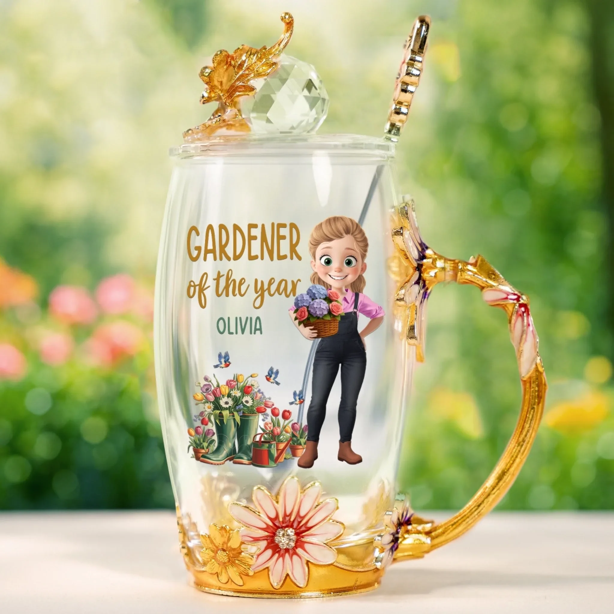 Custom Enamel Flower Tea Cup With Lid & Spoon - Personalized Garden Gifts For Gardeners - Life’s Better In The Garden