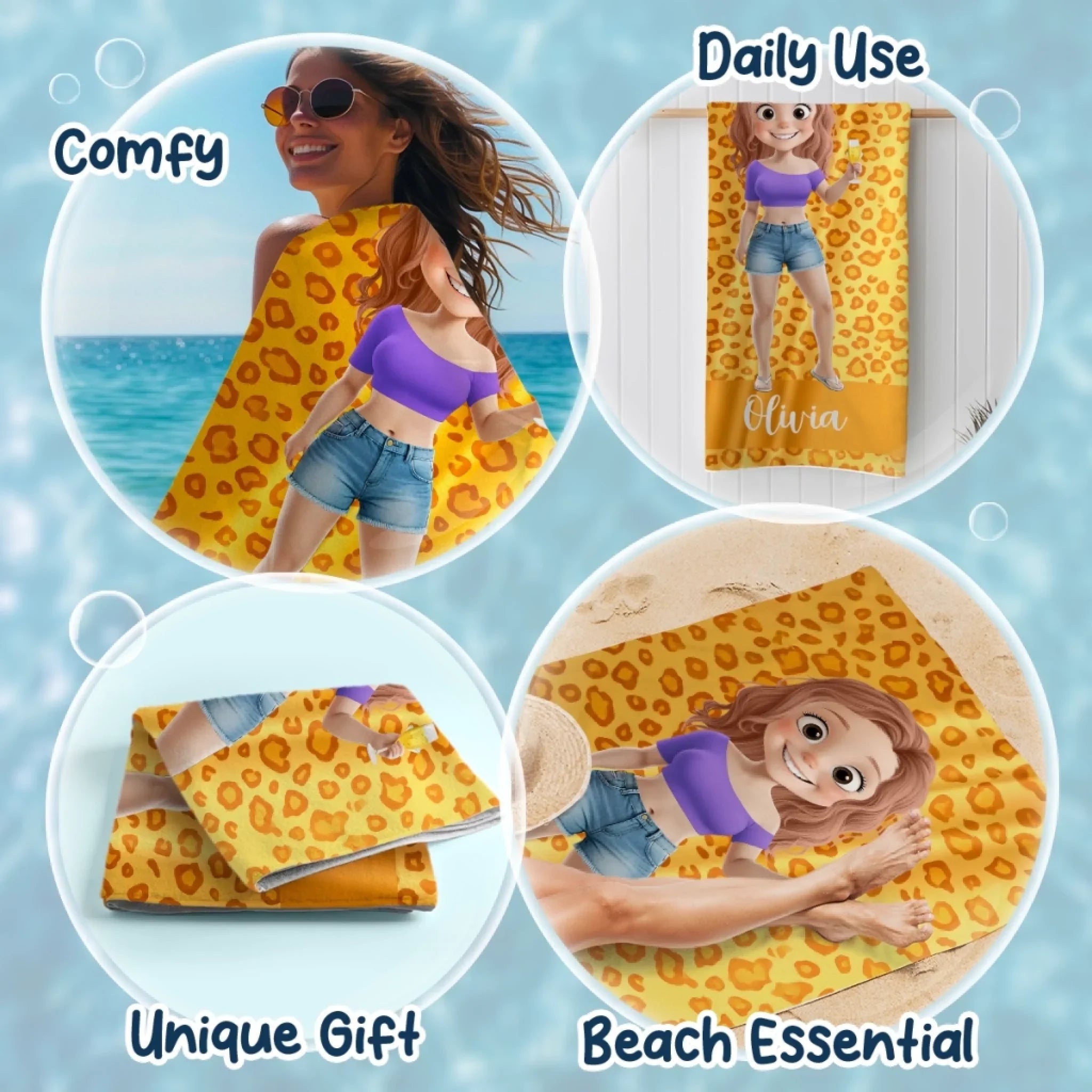 Custom Beach Towel - Personalized Summer Vacation And Travel Gifts For Women - Sun, Sand, And Sips