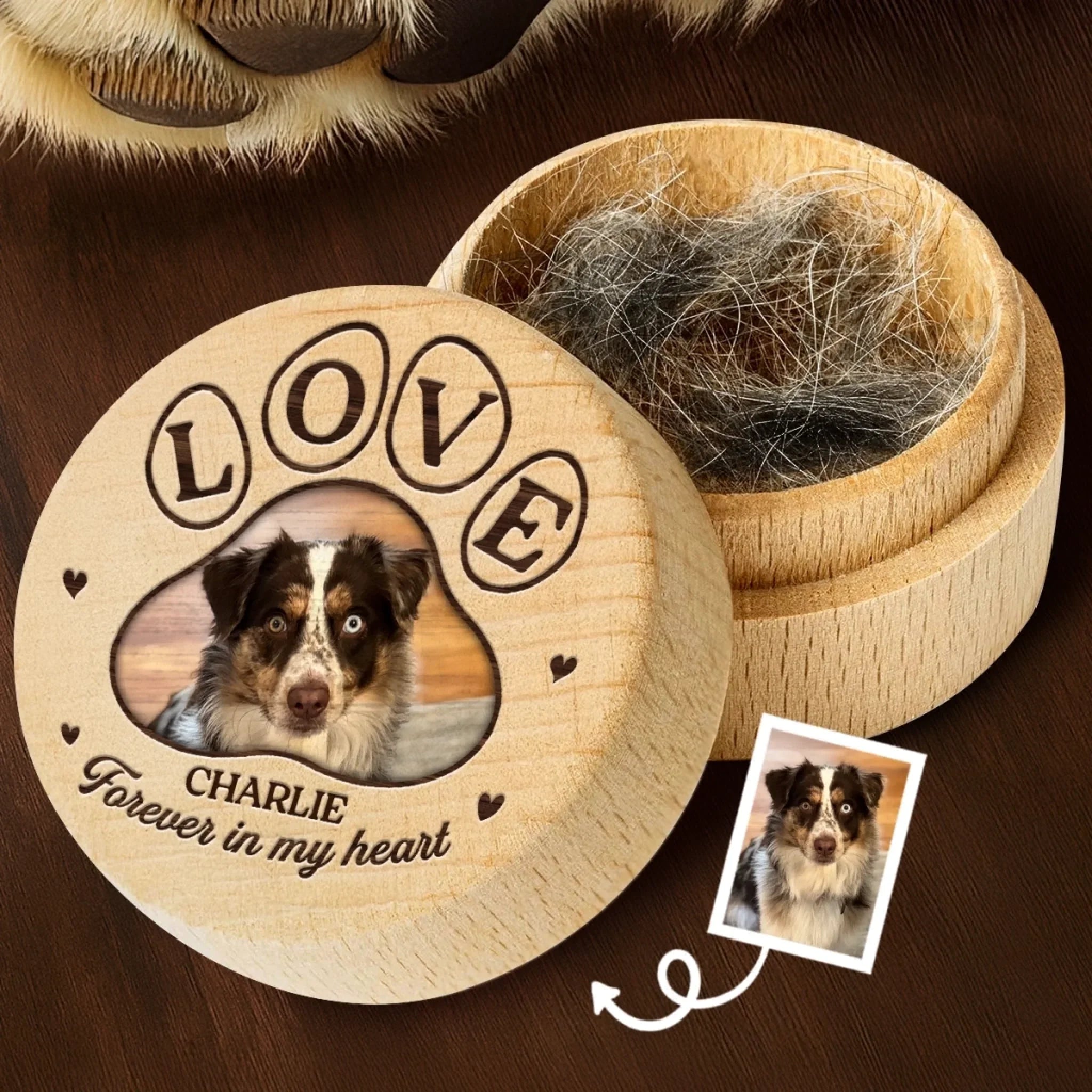 Custom Photo Wooden Fur Keepsake Box - Personalized Pet Memorial Gifts For Dogs, Cats - Forever In My Heart
