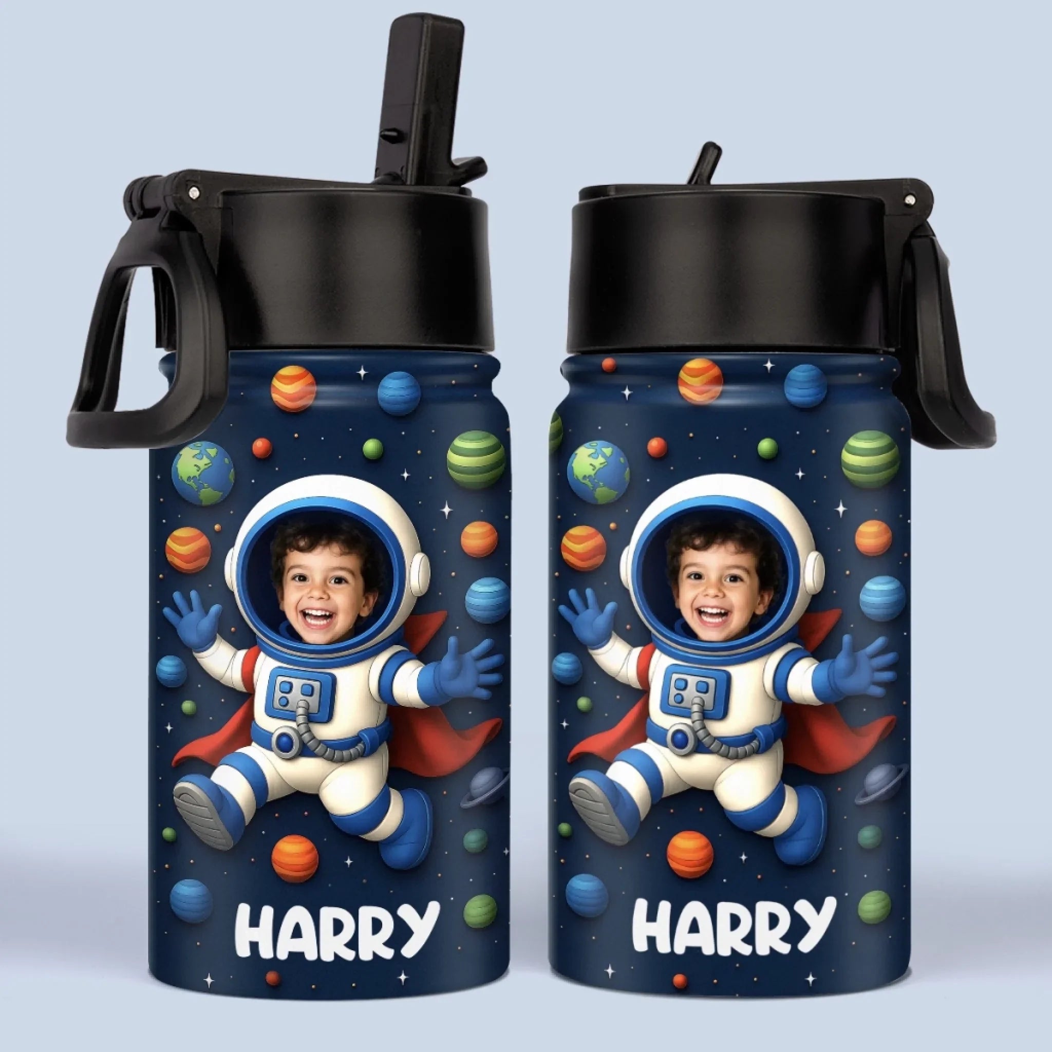 Custom Photo 3D Inflated Effect Printed Kids Water Bottle - Personalized Back To School Gifts For Kids - Dreams Launch Beyond The Stars