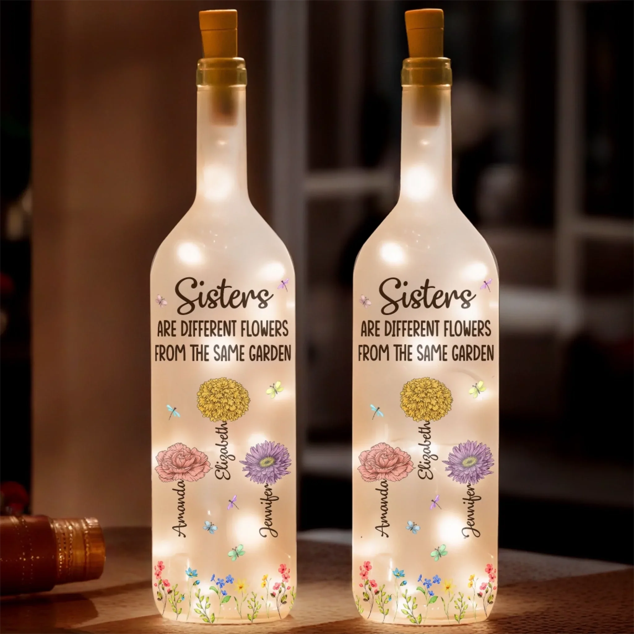 Custom Bottle Lamp - Personalized Best Friend Birthday Gifts For Women - One Garden, Many Colorful Blooms