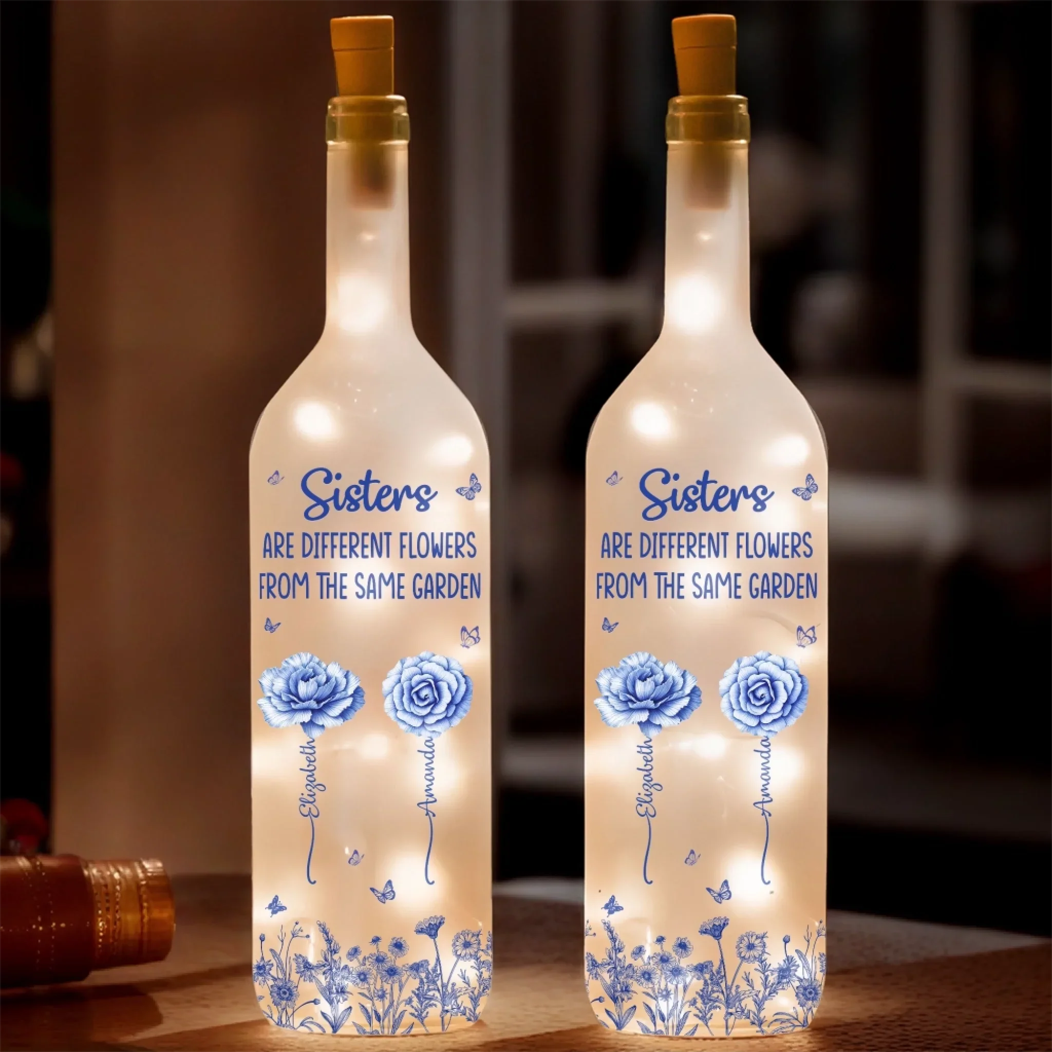 Custom Bottle Lamp - Personalized Best Friend Birthday Gifts For Women - Sisters Grow In The Same Garden Of Memories