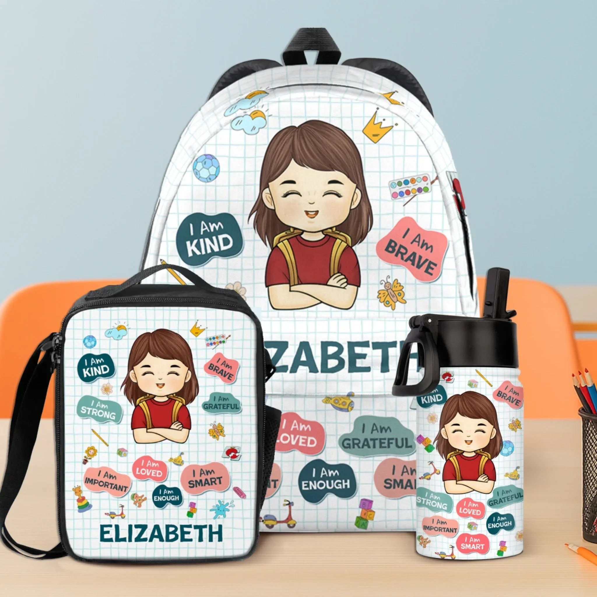 Custom Kids Backpack, Water Bottle, Lunch Bag - Personalized Back To School Gifts For Kids - I Am Kind, I Am Grateful