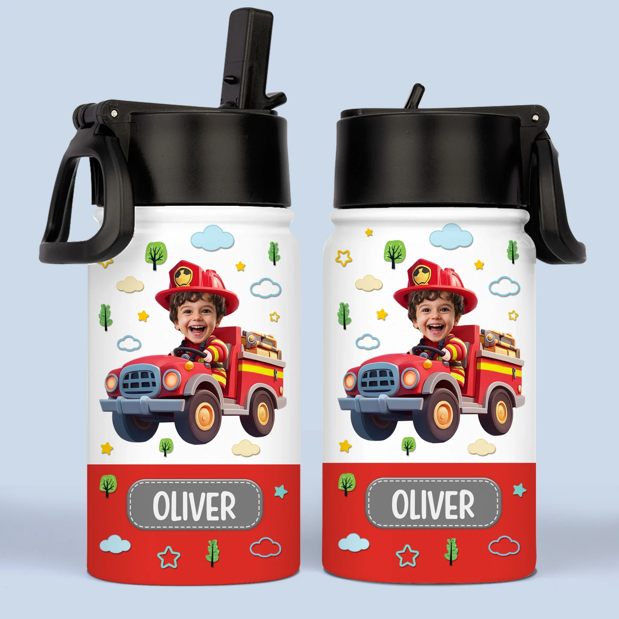 Custom Photo Kids Water Bottle - Personalized Back To School Gifts For Kids - Fire Truck Fun Ahead