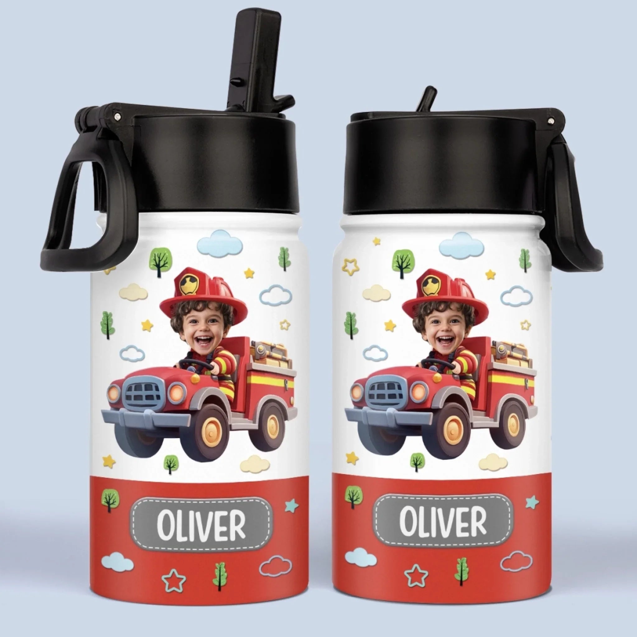 Custom Photo Kids Backpack, Water Bottle, Lunch Bag - Personalized Back To School Gifts For Kids - Ride The Firetruck To School