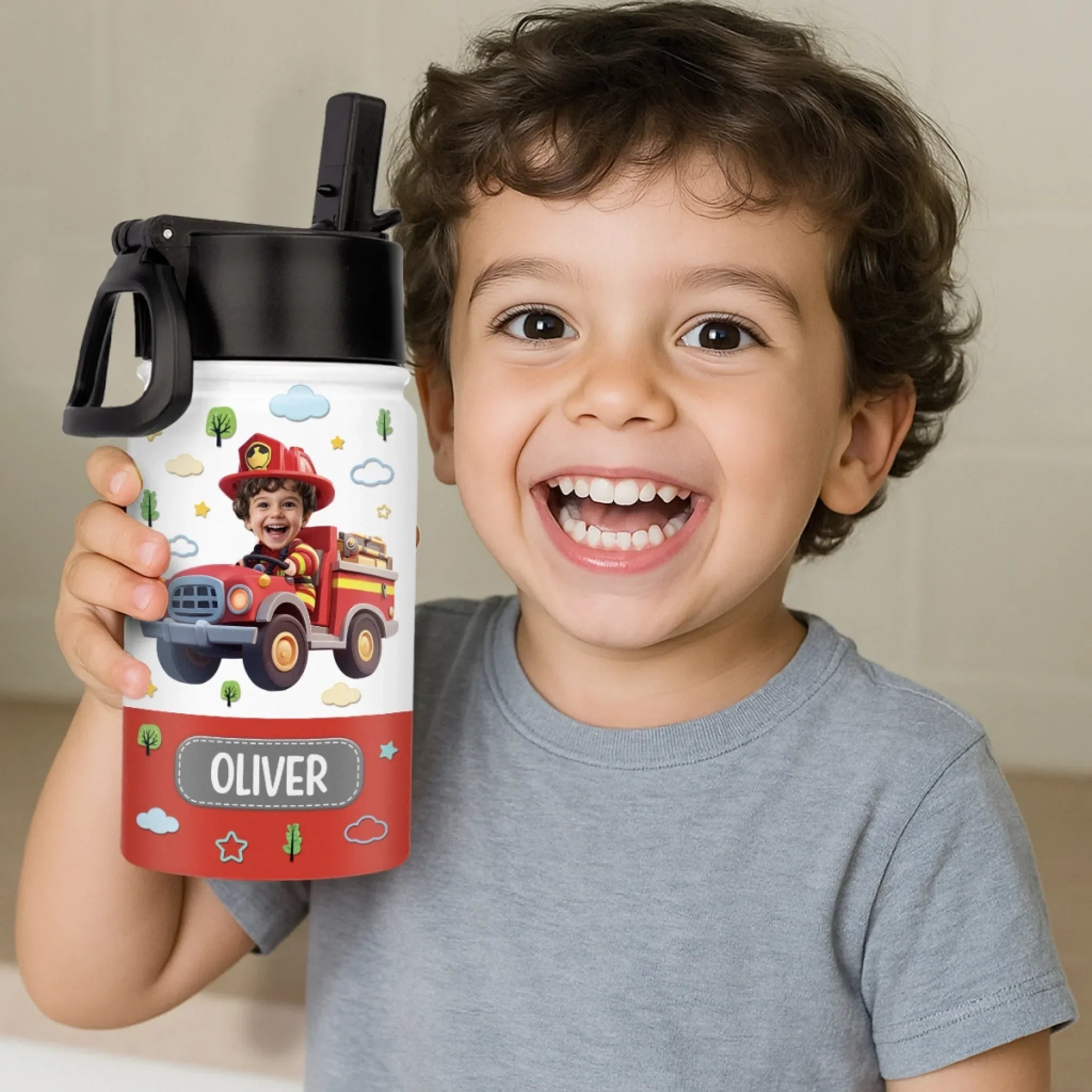Custom Photo Kids Backpack, Water Bottle, Lunch Bag - Personalized Back To School Gifts For Kids - Ride The Firetruck To School