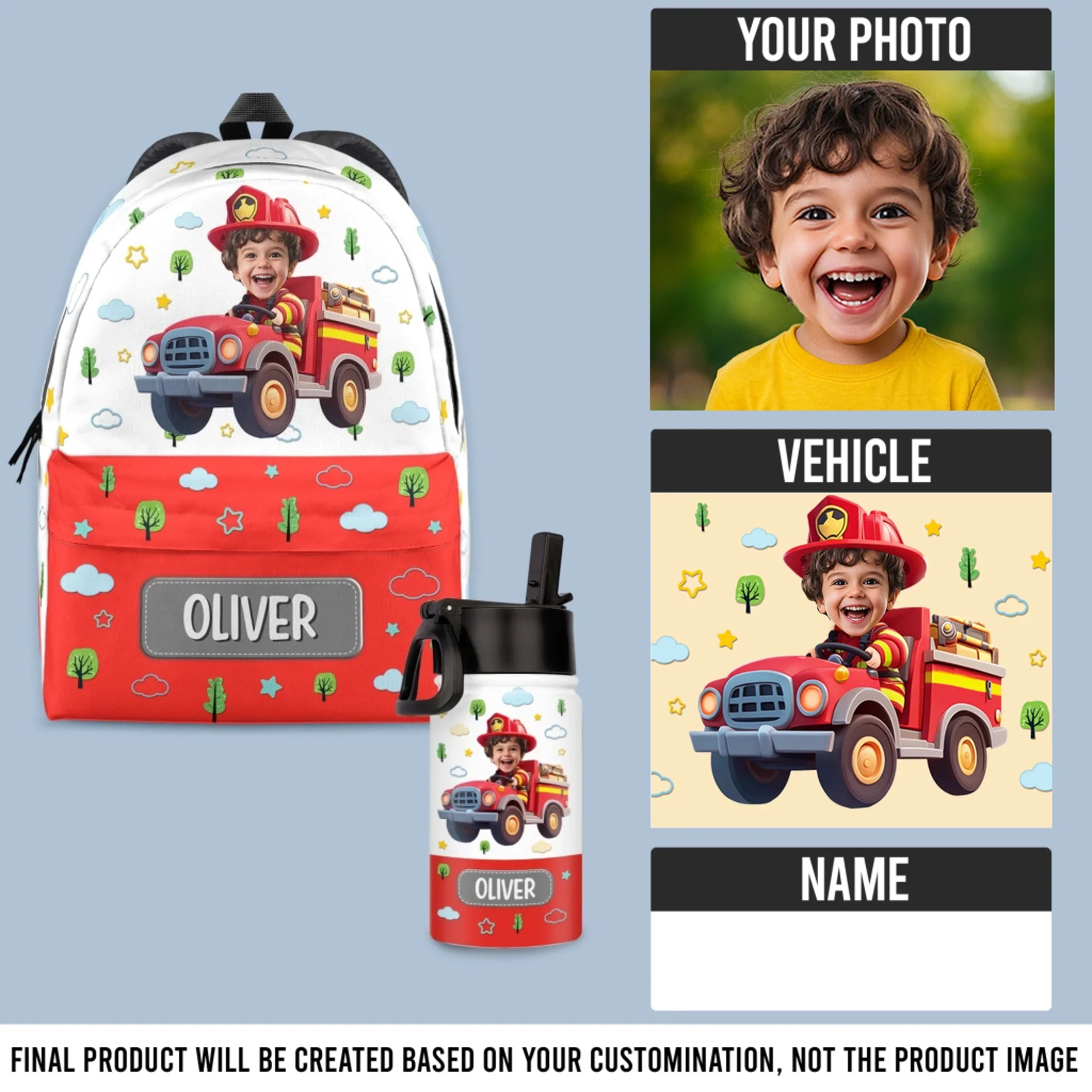 Custom Photo Kids Backpack, Water Bottle, Lunch Bag - Personalized Back To School Gifts For Kids - Ride The Firetruck To School