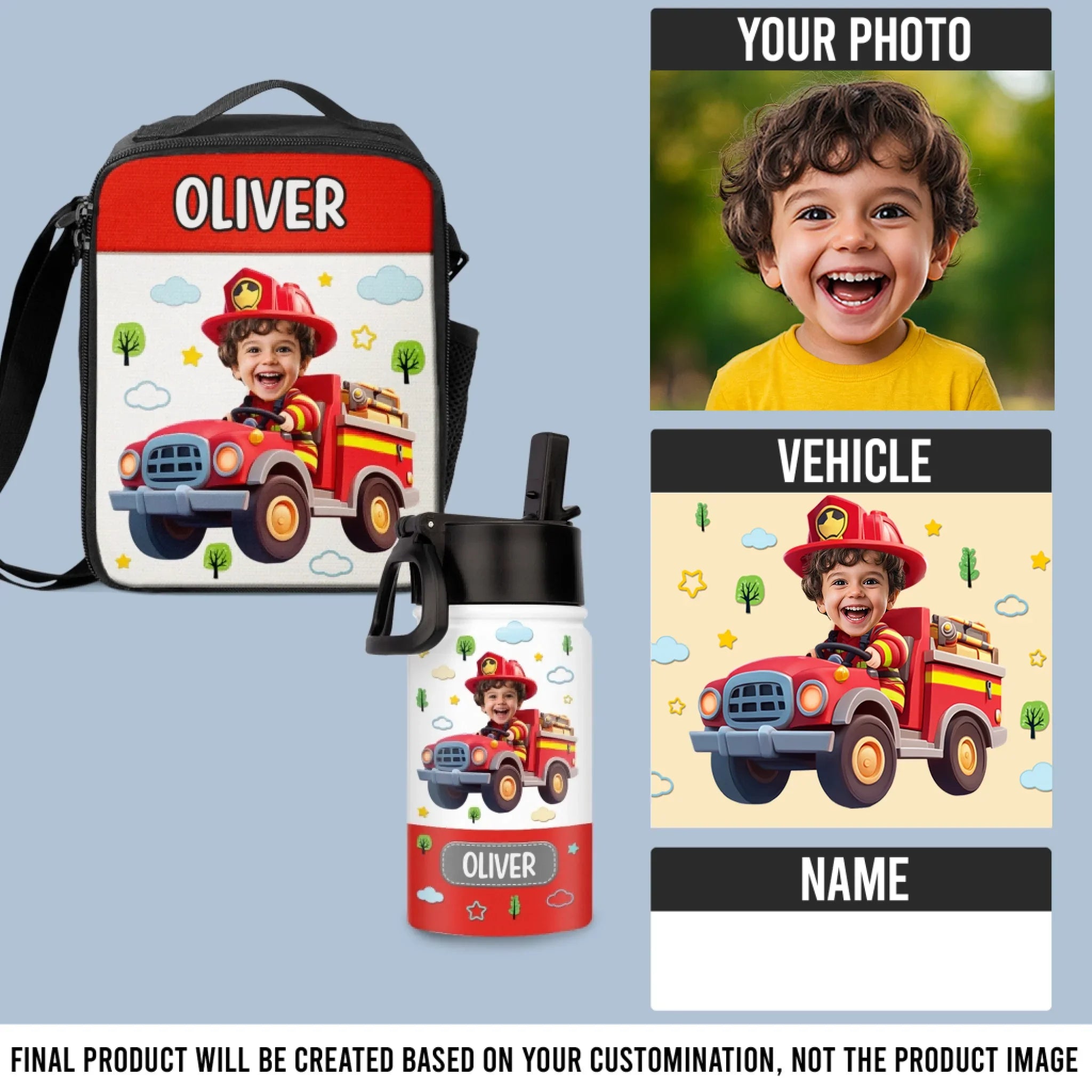Custom Photo Kids Backpack, Water Bottle, Lunch Bag - Personalized Back To School Gifts For Kids - Ride The Firetruck To School