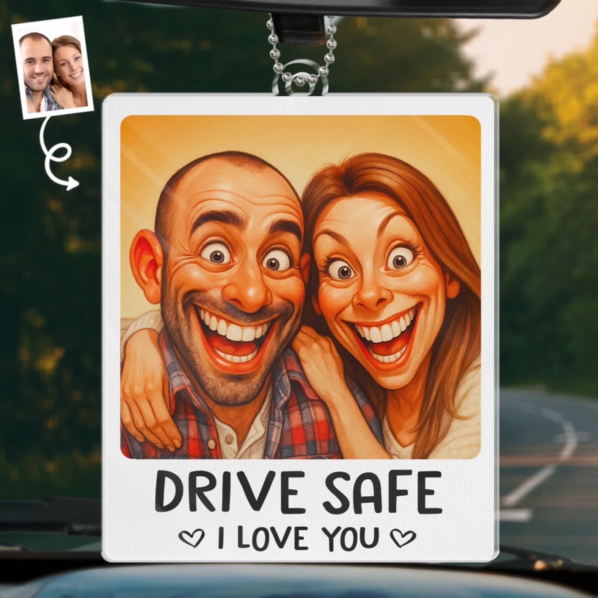 Custom Photo Funny Caricature Acrylic Car Ornament - Personalized Anniversary Wedding Gifts For Husband And Wife, Him And Her - Safe Driver, Happy Lover