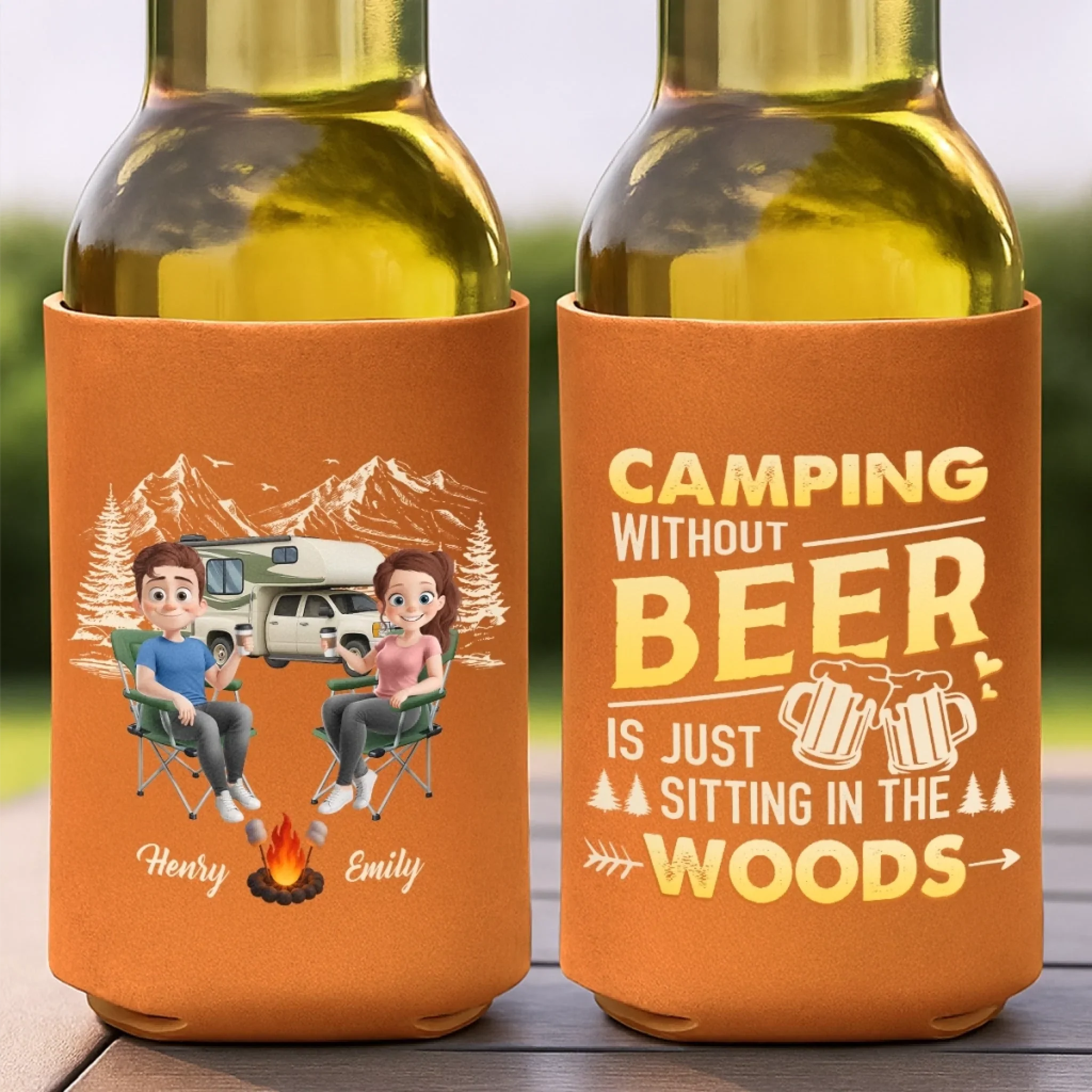 Custom Leather Can Cooler - Personalized Anniversary Wedding Gifts For Campers, Husband And Wife, Him And Her - Cheers To S’more Adventures